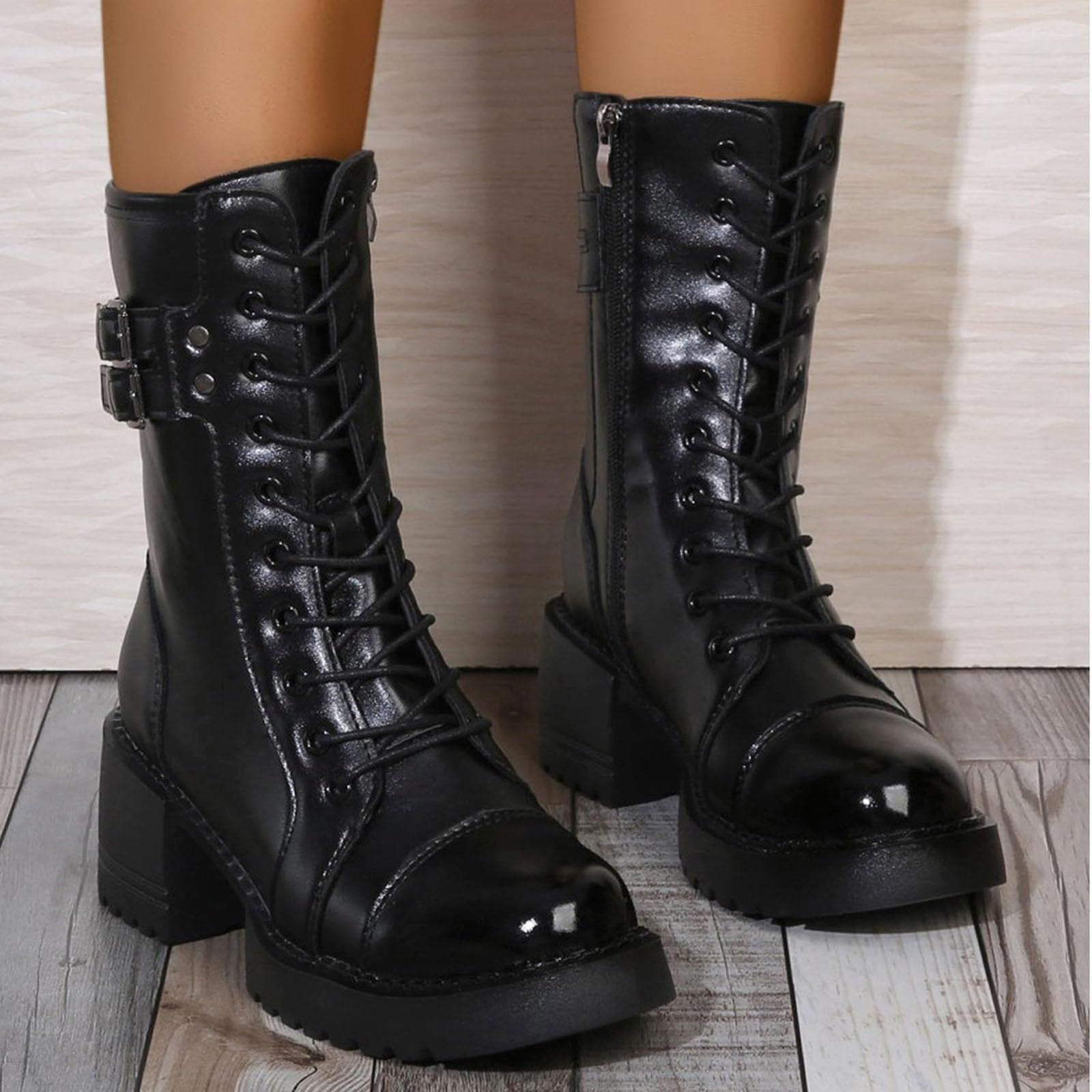 Botas de equitación de invierno para mujer, botas de media altura de caña para ropa informal de trabajo y citas con tacón grueso, cremallera y diseño de cordones, perfectas para otoño e invierno
