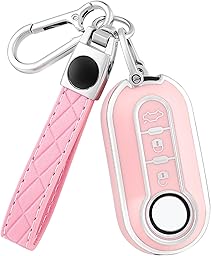 Coque Clé Etui Cles pour Fiat 500 Punto Bravo Panda Lancia Ypslon Abarth Doblo Ducato Idea Linea Ulysse Tipo Voiture Clé à Télécommande Étui avec Porte-clés Couvre Clef Cache Cle,Argent Rose