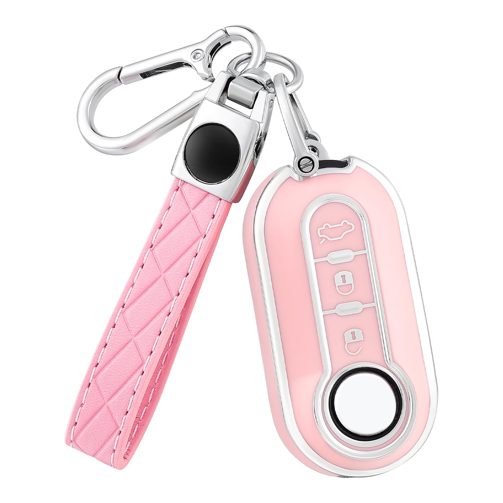 Coque Clé Etui Cles pour Fiat 500 Punto Bravo Panda Lancia Ypslon Abarth Doblo Ducato Idea Linea Ulysse Tipo Voiture Clé à Télécommande Étui avec Porte-clés Couvre Clef Cache Cle,Argent Rose - 1