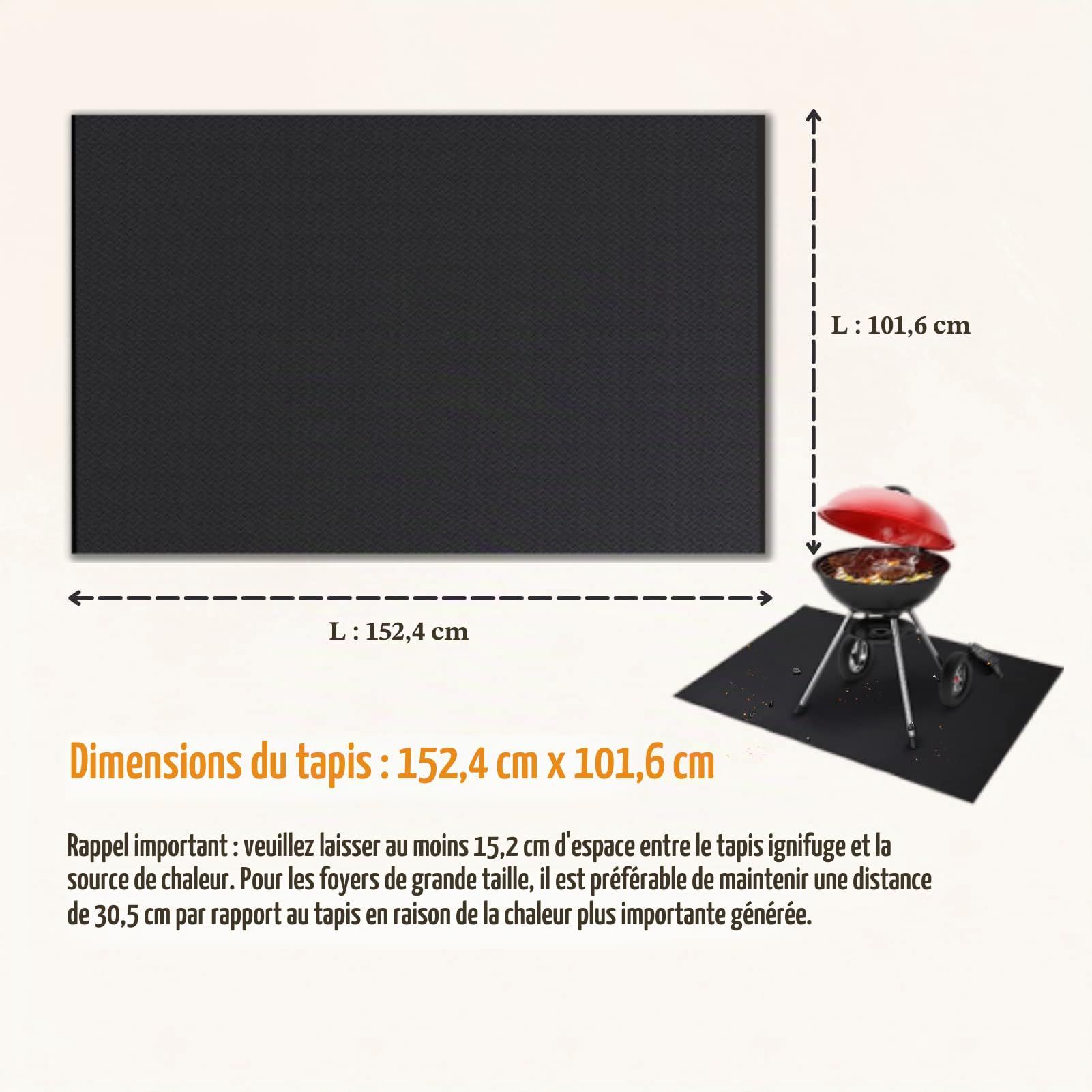 Tapis de barbecue d'extérieur 150 x 102 cm, imperméable, résistant à l'huile, ignifuge, double face, réutilisable, carré, noir