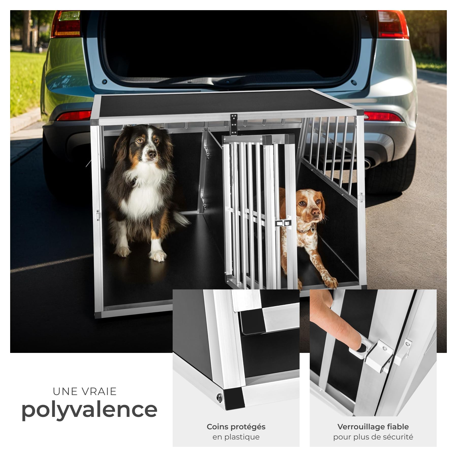 tectake® Caisse de Transport pour Chien légère & Solide Cage de Transport Chien Double pour Transport Chien Voiture, Maison ou Jardin avec cloison Cage pour Chien Max. 2 Chiens - 104 x 90,5 x 69 cm