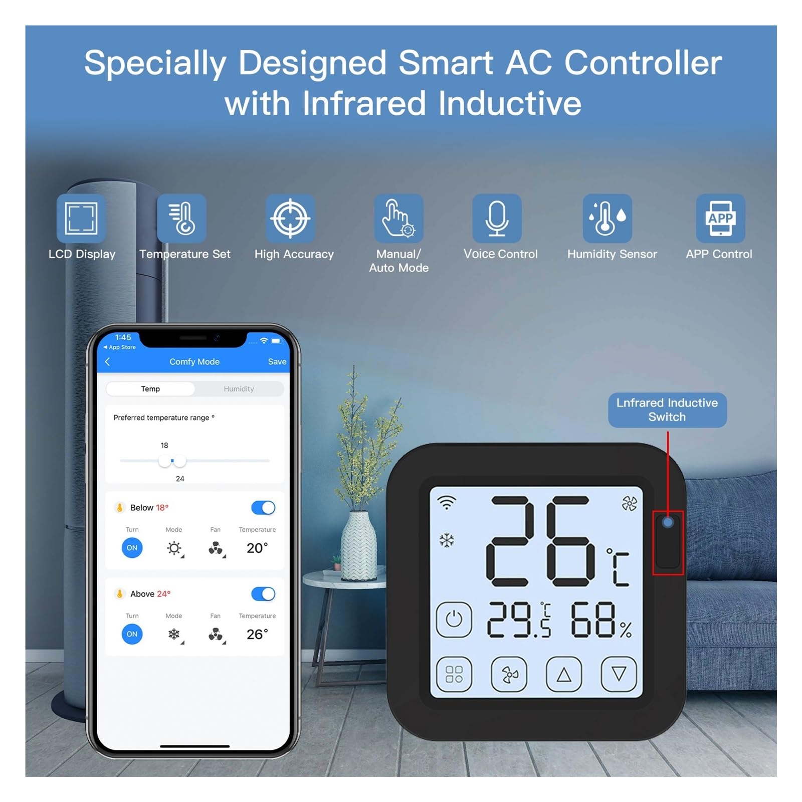 Inteligentny termostat, Tuya Inteligentny sterownik klimatyzatora, termostat z wyświetlaczem LCD Kontrola aplikacji Czujnik temperatury i wilgotności Monitor