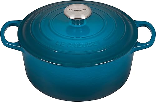 Le Creuset Horno holandés redondo de hierro fundido esmaltado, 4.5 cuartos de galón, verde azulado profundo