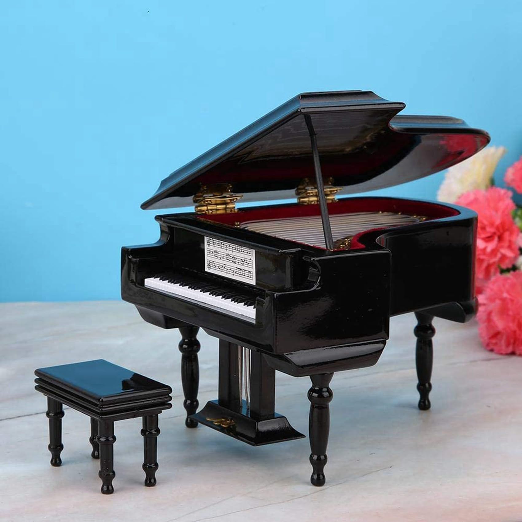 Kit de Modèle de Piano À Queue Miniature Instrument de Musique avec Chaise, pour la DéCoration de Bureau À Domicile (Noir, sans Musique)