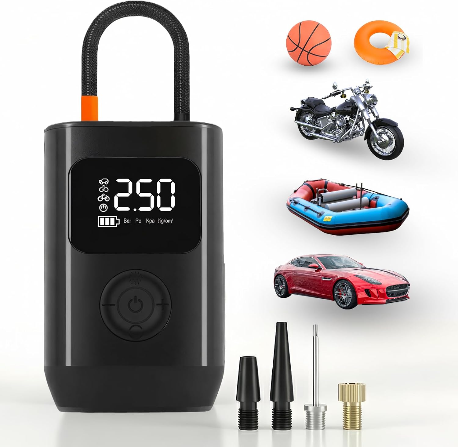 Tire Inflator Portable Air Compressor - 150 PSI Cordless Bike Pump with Precision Pressure Gauge, LED Light & Handy Car Accessories for Auto, Motorcycle, Bicycle & Ball Inflation - Sleek Black!