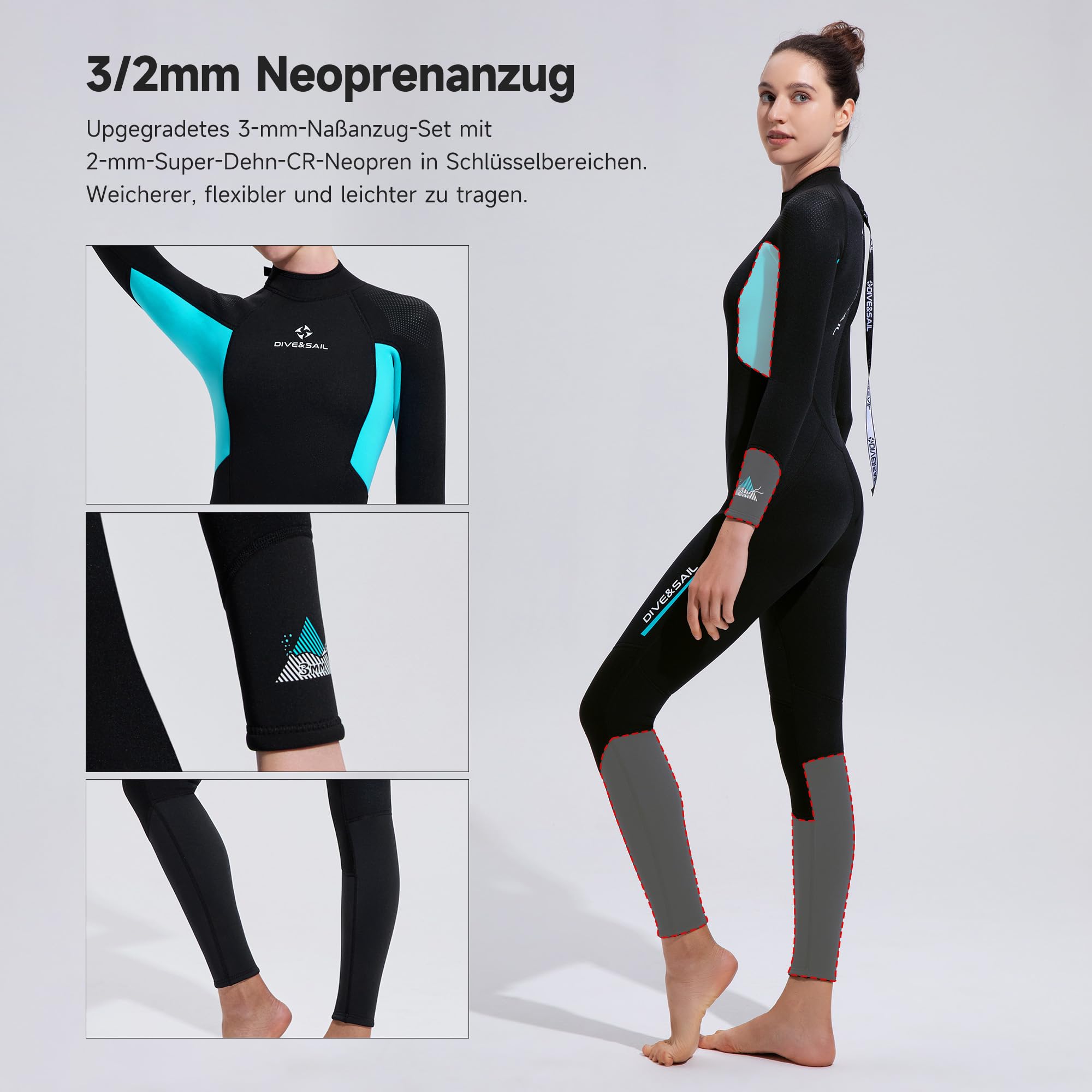 Neoprenanzug Ganzkörper 3/2mm mit Rückenreißverschluss, Ultra-Stretch Neopren Nassanzug Langarm mit UV-Schutz und Wärmeisolierung für Herren und Damen