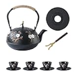 Tea Set Tea Kettle Japanese Style Beautiful Black Cast Iron Teapot Set with 4 Cups,4 Cup Mats,1 Trivet and 1 Lid Holder,40.6oz Teapot with Infuser for Stove Top Safe