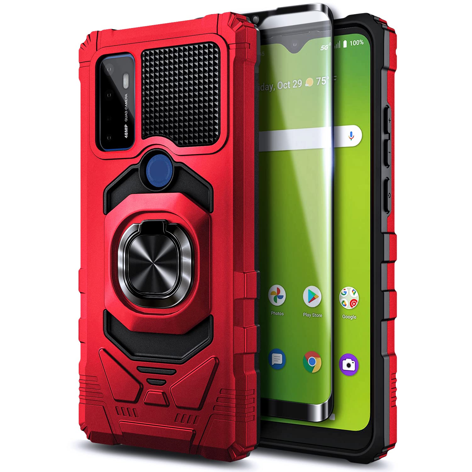 NZND Case for AT&T Radiant Max 5G, Cricket Dream 5G/Cricket Innovate 5G with Tempered Glass Screen Protector (Maximum Coverage), Full-Body Protective [Military-Grade] Ring Holder Case (Red)