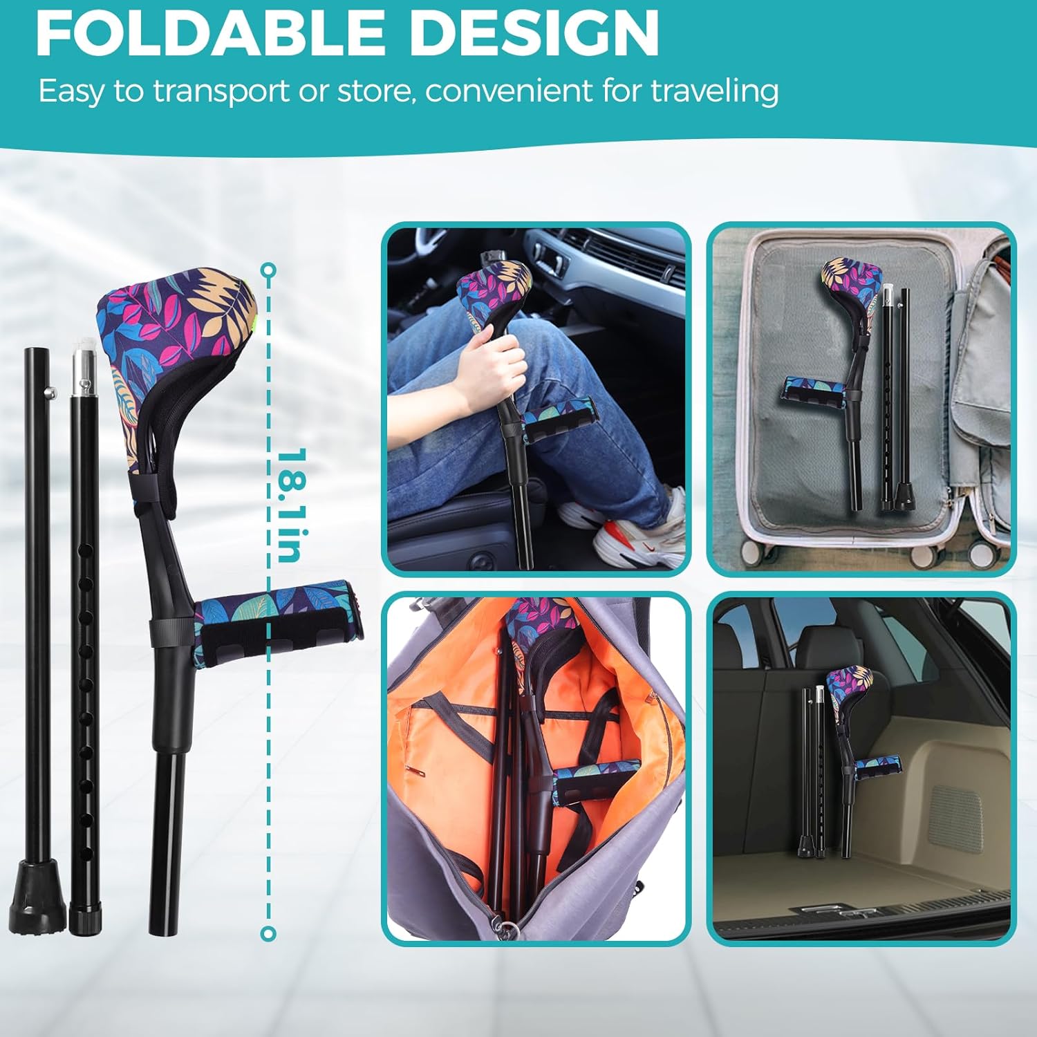 Forearm Crutches （A Pair）, Folding Forearm Crutches Lightweight Adjustable，with Cuffs, Elbow Cushion, Grip Cushion