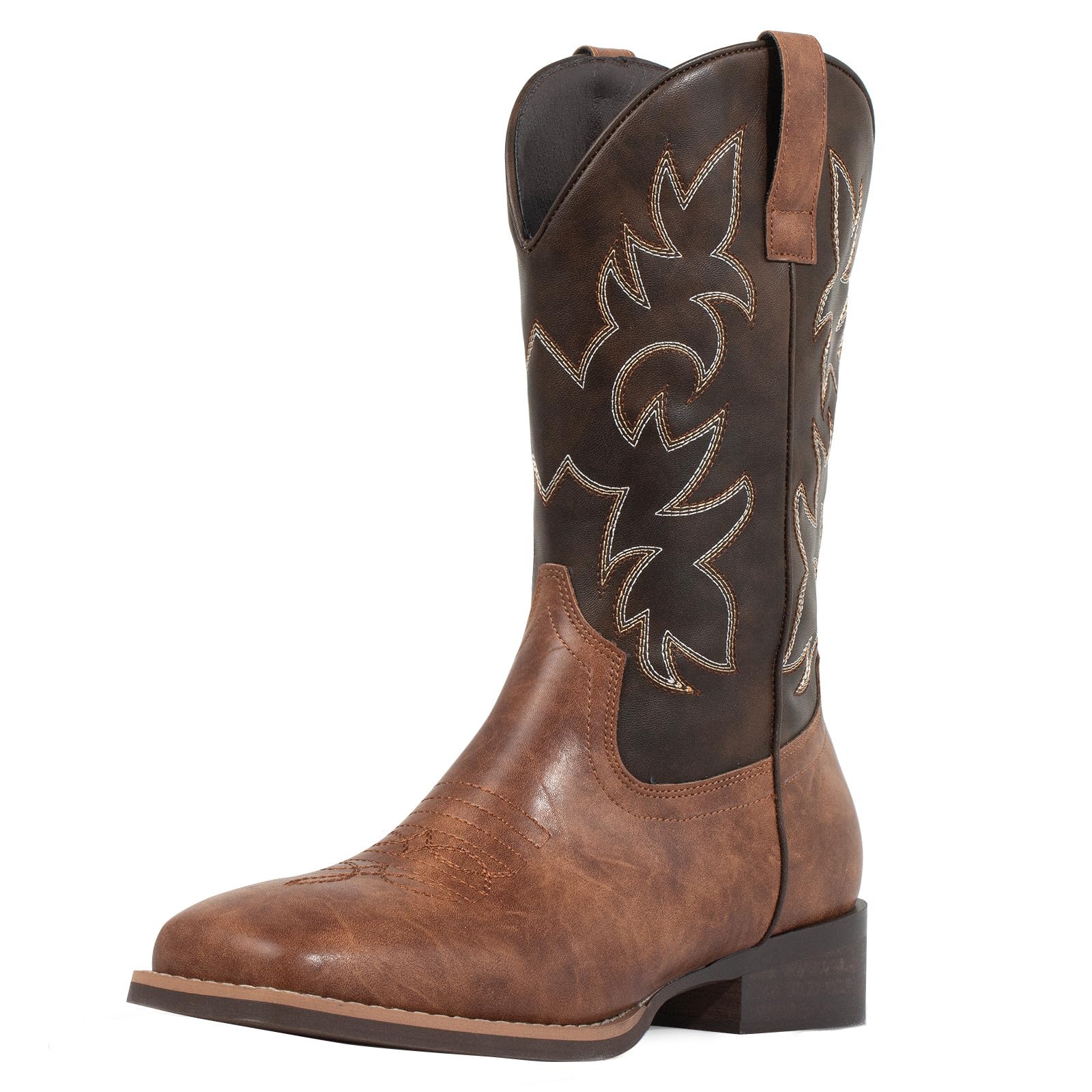 J's.o.l.e Western Mens Cowboy Boots Square Toe Wide Calf Pull On Slip Resistant Country Work Riding PU Leather Boot Brown