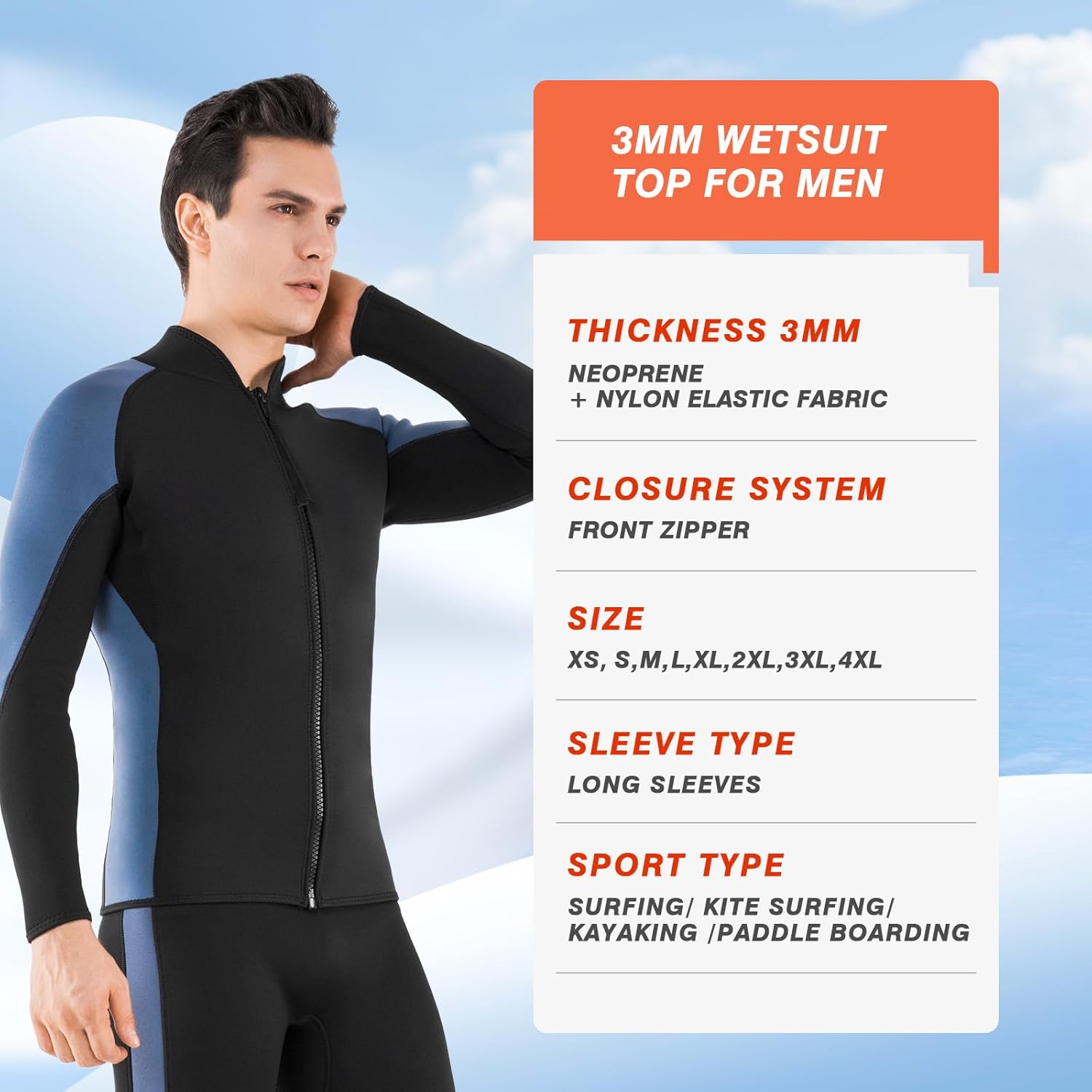 FLEXEL Wetsuit Top for Women and Men 2mm 3mm Neoprene Wet Suit Jacket Front Zip Long Sleeve Keep Warm in Cold Water for Surfing Swimming Diving Snorkeling