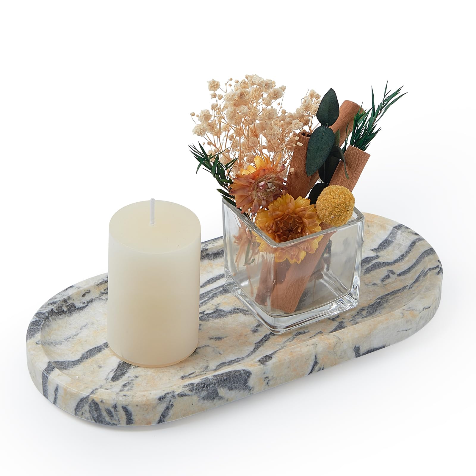 Natural Marble Vanity Tray, Marble Tray for Bathroom countertop,Stone Tray for Storing Perfume, Cosmetics and Jewelry 10 * 5inch （Ink Wash Yellow）