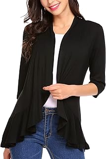 Zeagoo Women's Open Front Cardigan 3/4 Sleeve Draped Ruffles Soft Knit Sweaters