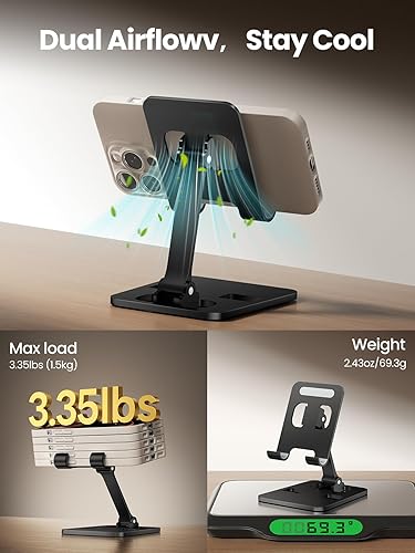Miniatura 4 de Soporte de teléfono para escritorio, soporte plegable doble para teléfono celular, soporte portátil totalmente ajustable para iPhone 17, 16, 15, 14,