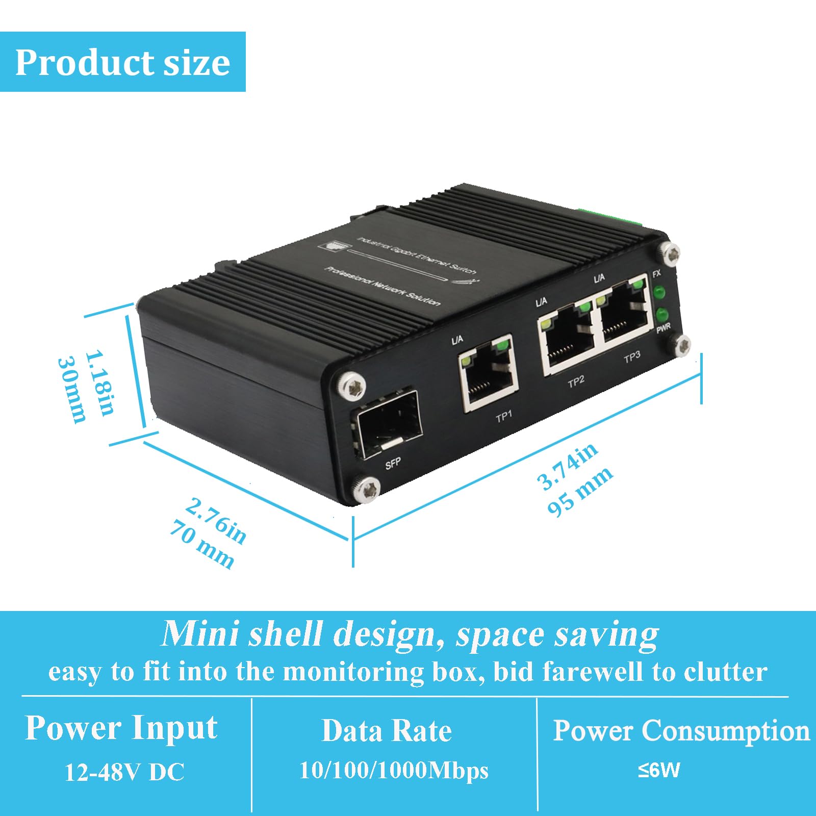 Switch industriale a 3 porte Gigabit PoE+ con slot SFP 12-48VDC Ingresso ad ampia tensione DIN e montaggio a parete da -40°C a 75°C RJ45 temprato 10/100/1000Mbps 802.3at 30W/Port Ethernet Switch