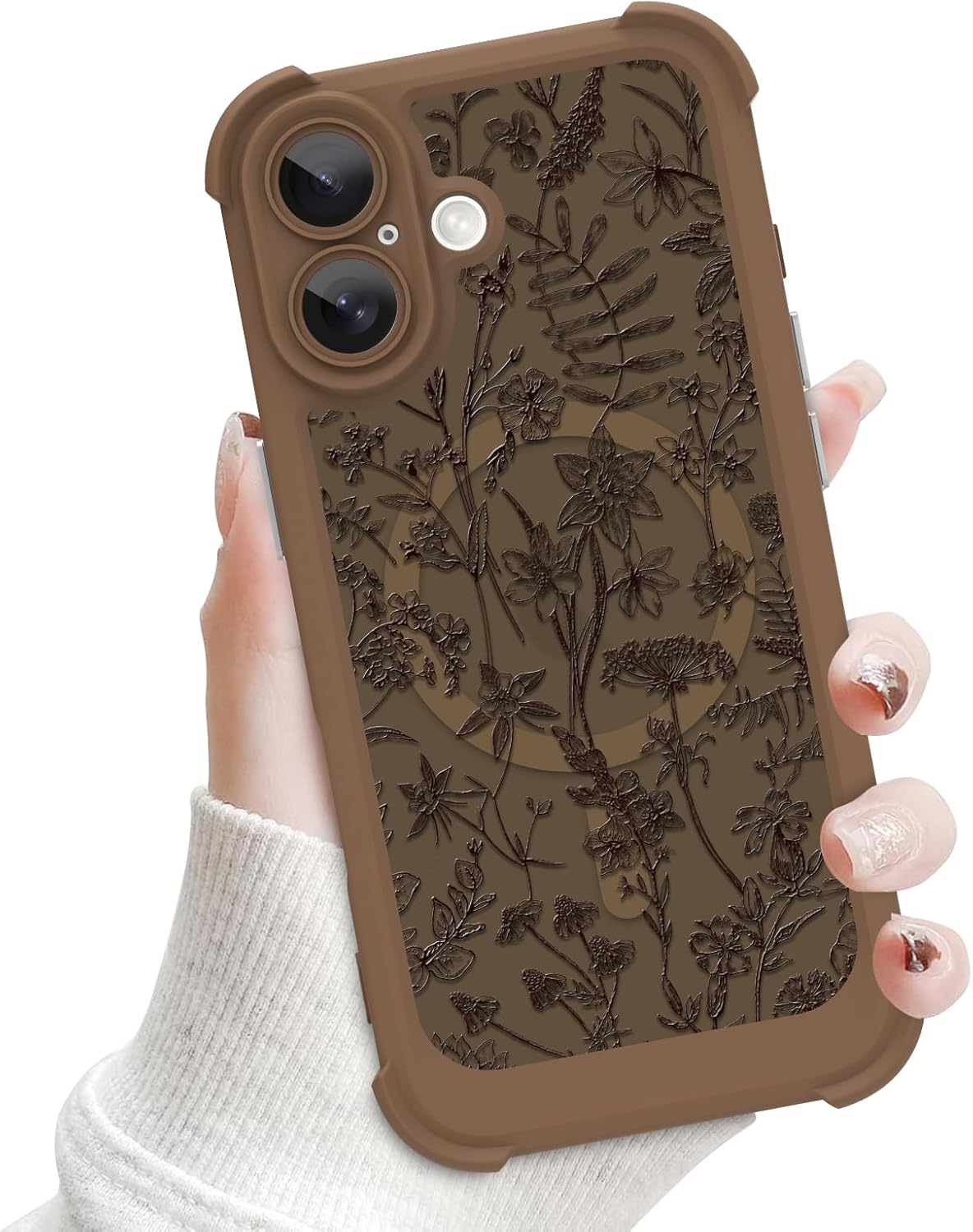 Magnetic Case for iPhone 17, Cute Floral Flower Pattern [Compatible with MagSafe] Full Camera Protection TPU and PC Translucent Shockproof Phone Cover for Women Girl, Brown