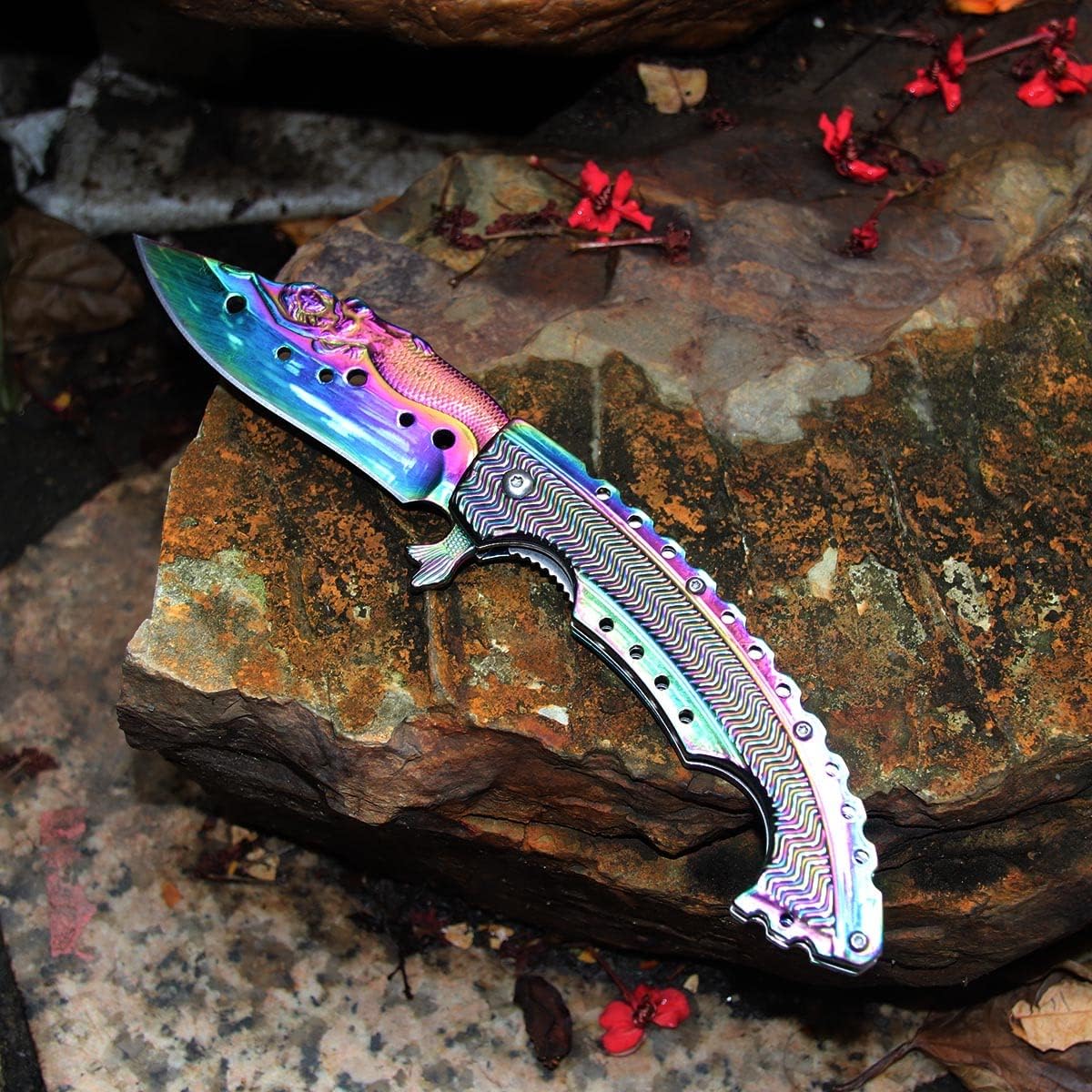 Generic Folding Pocket Knife - Mermaid Multi-Function Tools - Spring Assisted Opening Utility Knife - Multi Color Rainbow