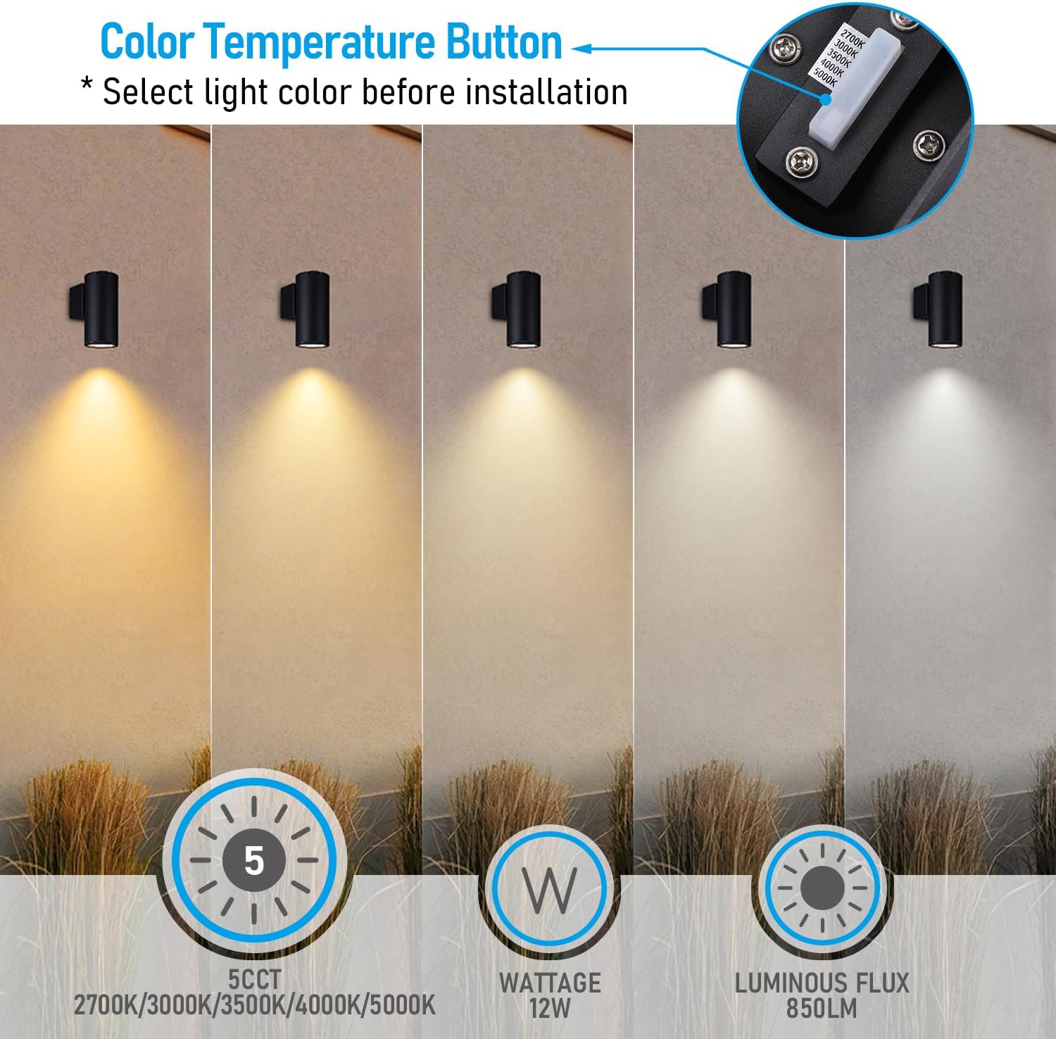 LEONLITE 9 Inch 5CCT Integrated Cylinder LED Down Light Outdoor, 110V-277V 12W Aluminum High-end Wall Sconce, IP65 ETL Exterior Light Fixture Wall Mount, 2700K/3000K/3500K/4000K/5000K, Pack of 2