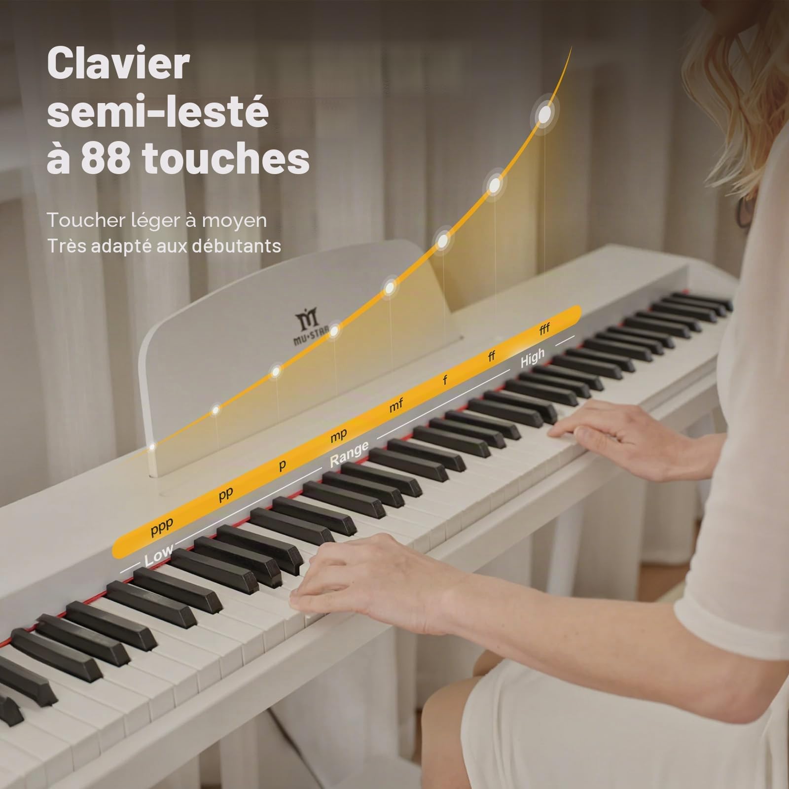 MUSTAR Piano numérique 88 touches pour débutants, clavier piano taille complète avec 3 unités de pédale, piano électrique portable, piano numérique pour la maison avec MIDI-USB et support, blanc