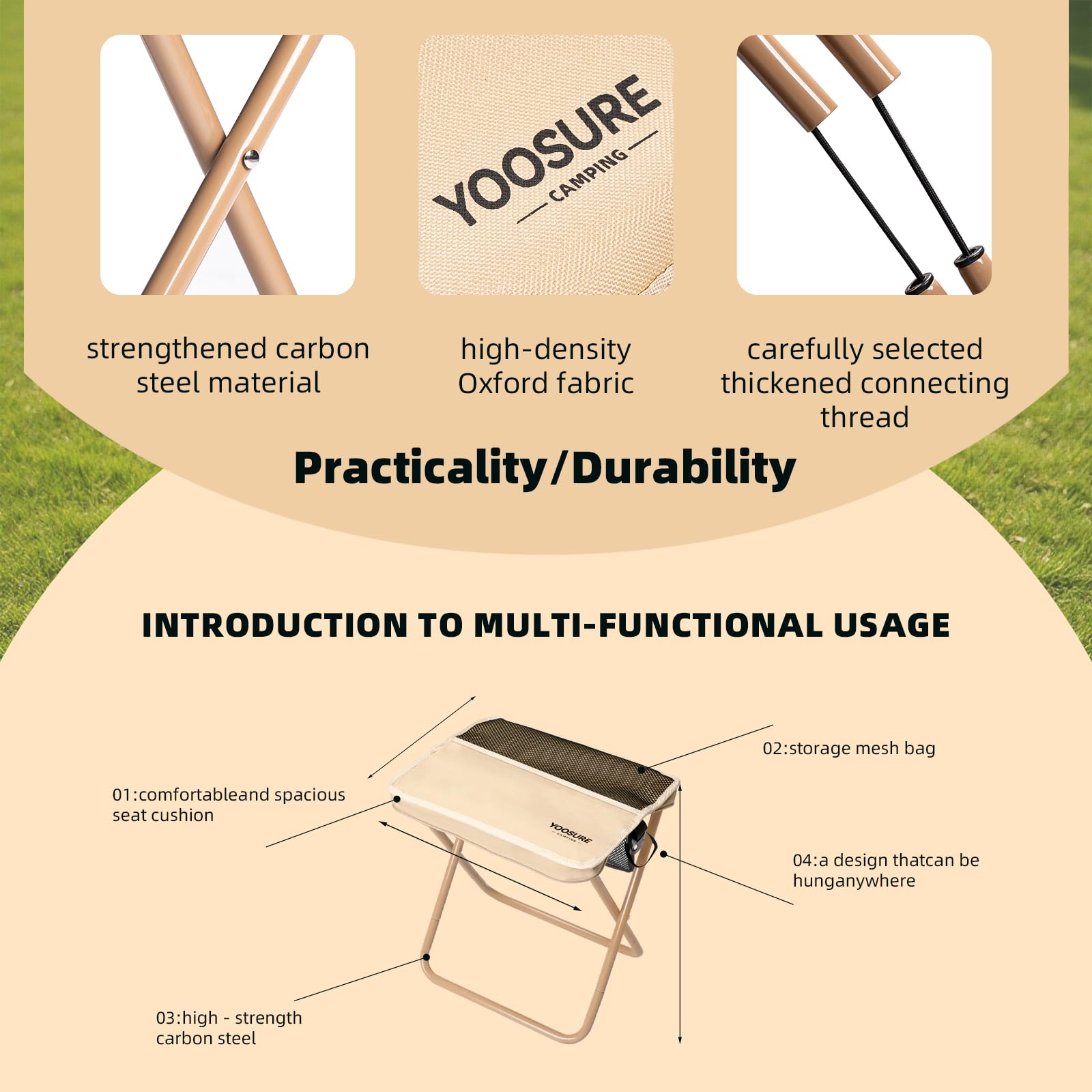 Yoosure 16" Extra Tall XL Portable Chair for Adults, Collapsible Purse Chair Heavy Duty Camp Seat with 3 Storage Pockets for Fishing Hiking Gardening, Lightweight Travel Purse Stool — view 8