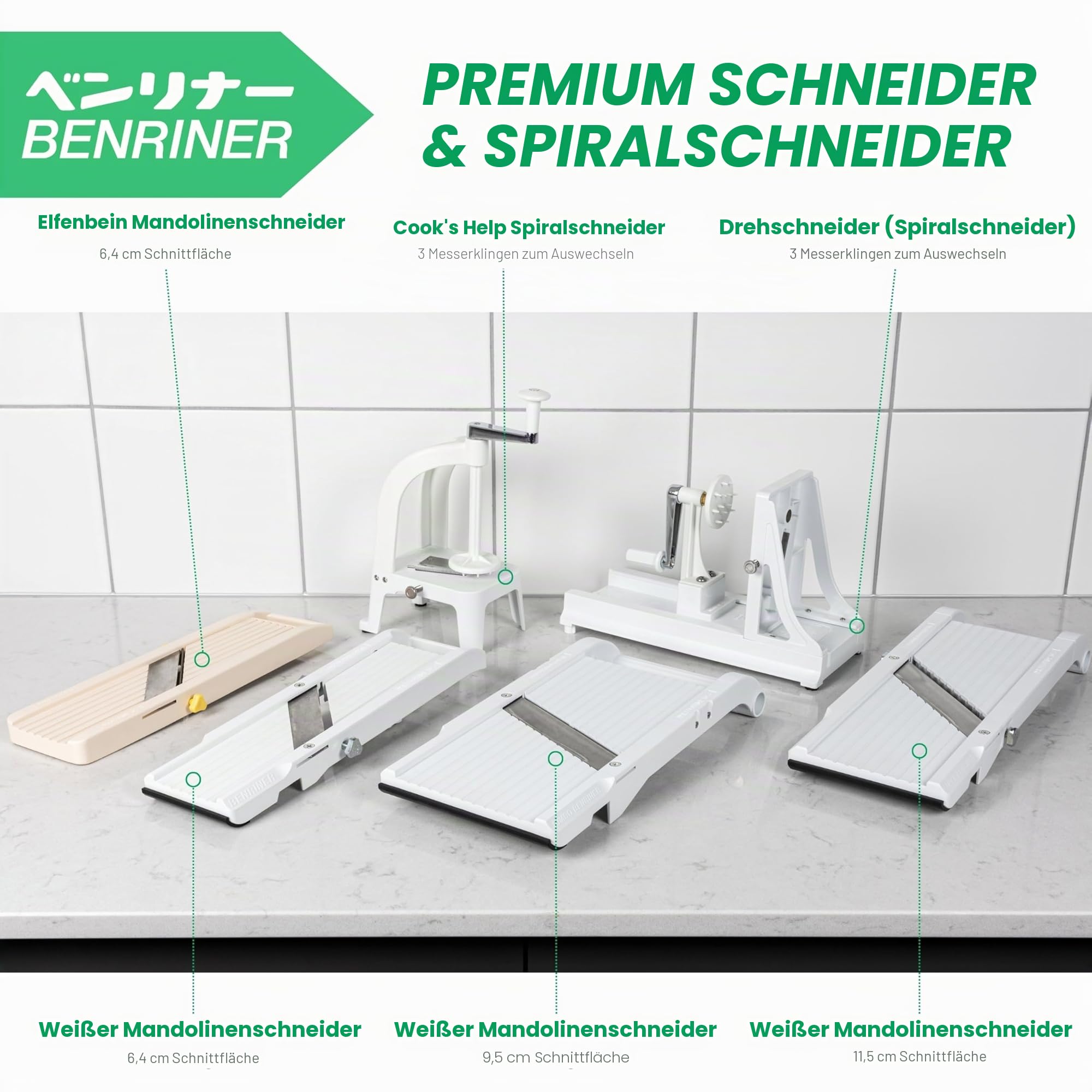 Benriner Japanischer Horizontaler Schneide und Hobel mit 3 austauschbaren Edelstahlklingen: Schäler und Spiralschneider für Gemüse, Kartoffeln, Zucchini-Nudeln, Hergestellt in Japan