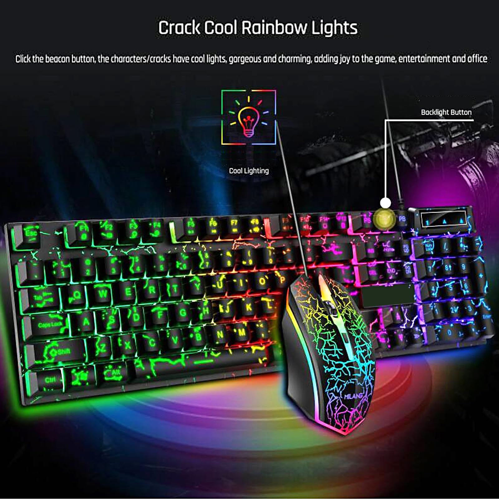 Tastiera e mouse da gioco cablati con crepa arcobaleno, 104 tasti che si illuminano meccanicamente, tastiera e mouse da gioco cablati per PC, Mac, Xbox Gamer, (nero)