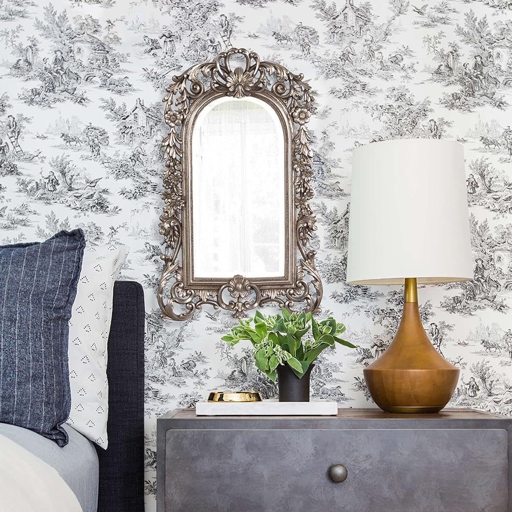 Howard Elliott Sherwood Hanging Antique Accent Wall Mounted Mirror, Ornate Arched Mirror with Bevelled Edges and Silver Resin Frame, Arch Shape Mirror for Home, Living Room, Entryway, 14 x 22 Inch