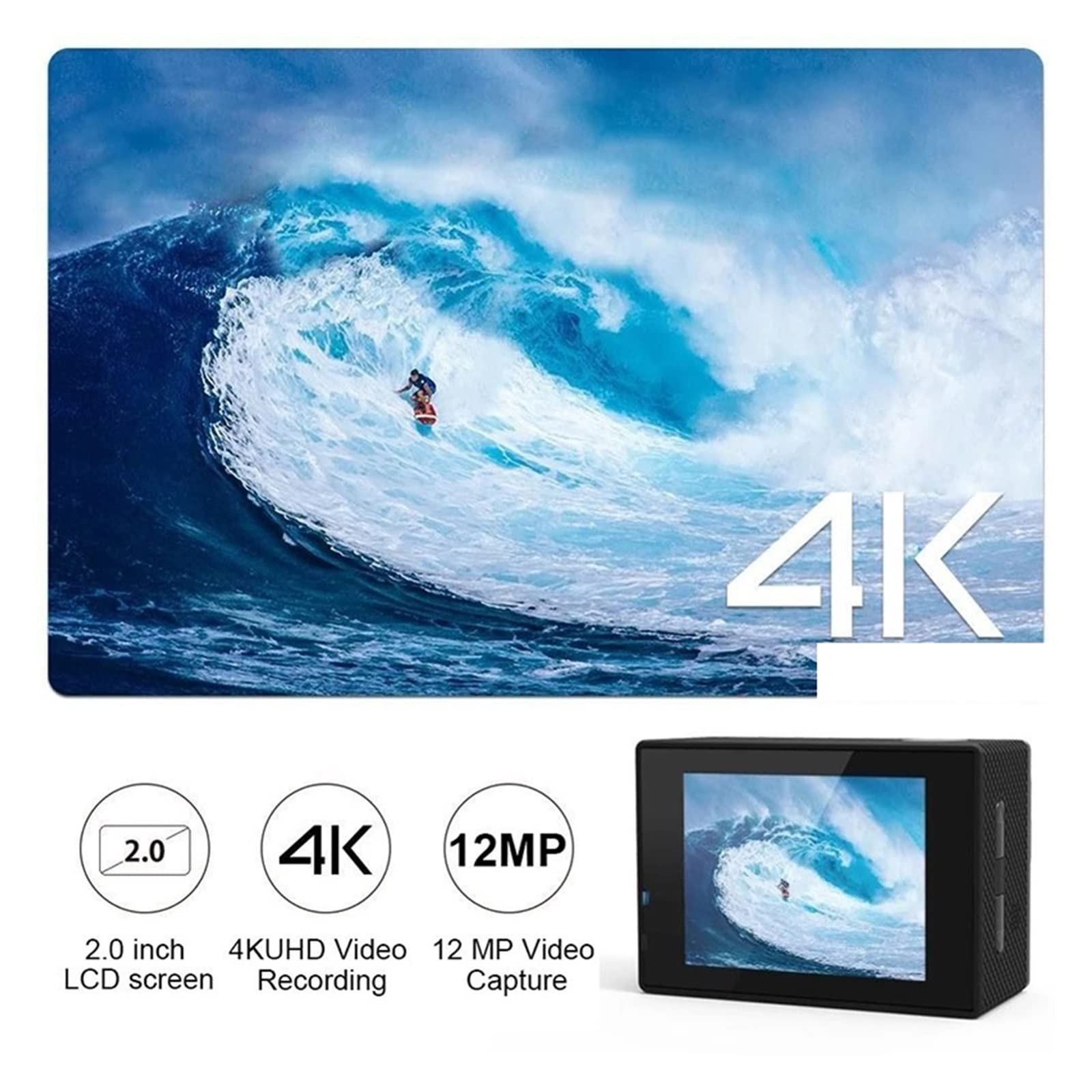 Action Cam, Action Camera Ultra HD 4K/30fps 2.0 Pollici 170D subacqueo Impermeabile Videoregistratore Telecamere Sport Cam,All'aperto, Sport, Video(White)