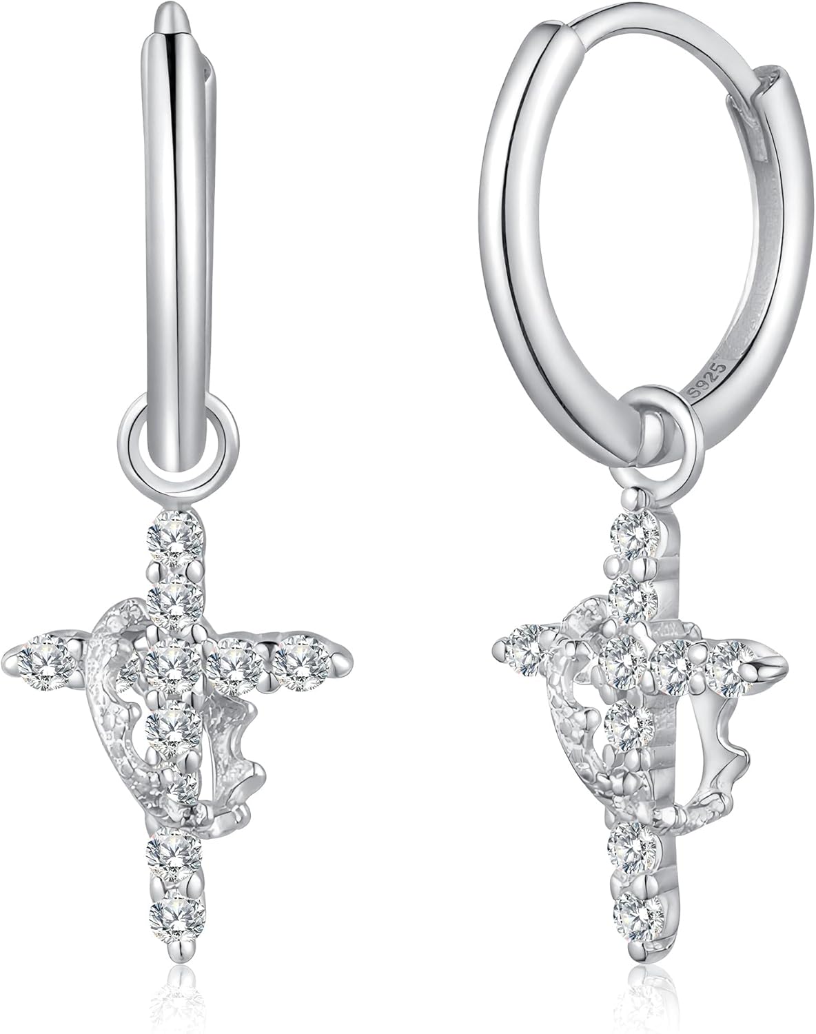 Crown Cross Earrings for Women 925 Sterling Silver Dangle Earrings 14K Gold Plated Hypoallergenic Huggie Hoop Earrings Cubic Zirconia Earrings Religious Jewelry Easter Baptism Christian Gifts