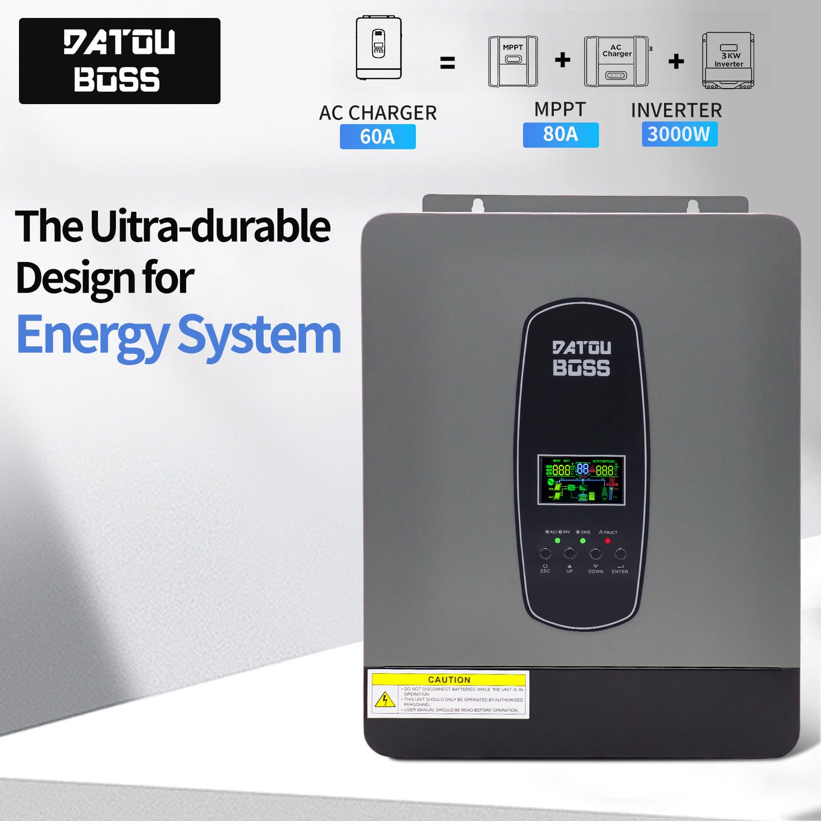DATOUBOSS Hybrid Wechselrichter 3000W, DC 24V zu AC 230V, Reiner Sinus, mit 100A MPPT Solarladeregler, für Netzunabhängige Systeme (24V 3000W-1PCS)