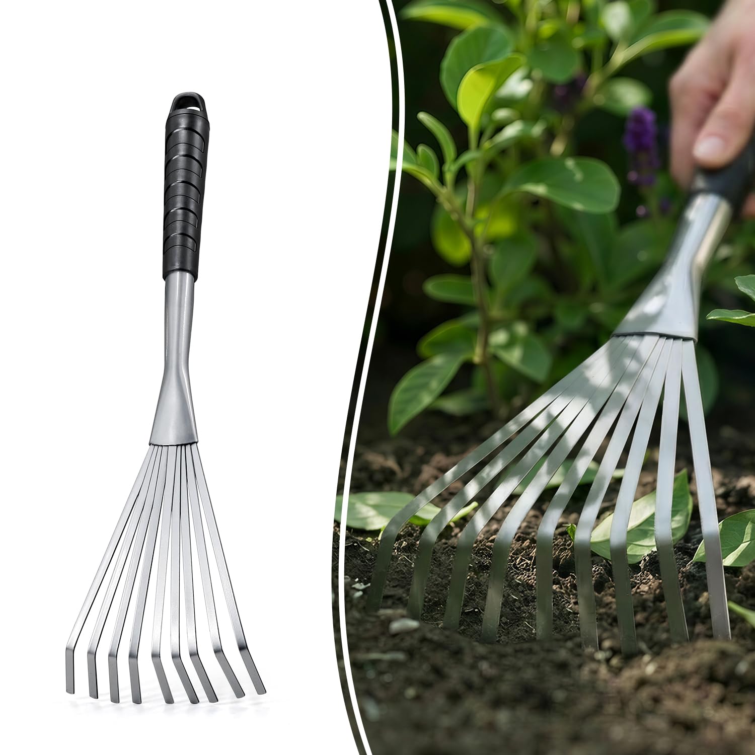 Colwelt Hand Rake 42cm, Small Rake For Gardening with 9 Resilient Flat Tines, Metal Mini Rake with Hanging Hole for Storage, Hand Fan Rake for Leaves, Loosening Soil, Spreading Mulch, Flower Beds