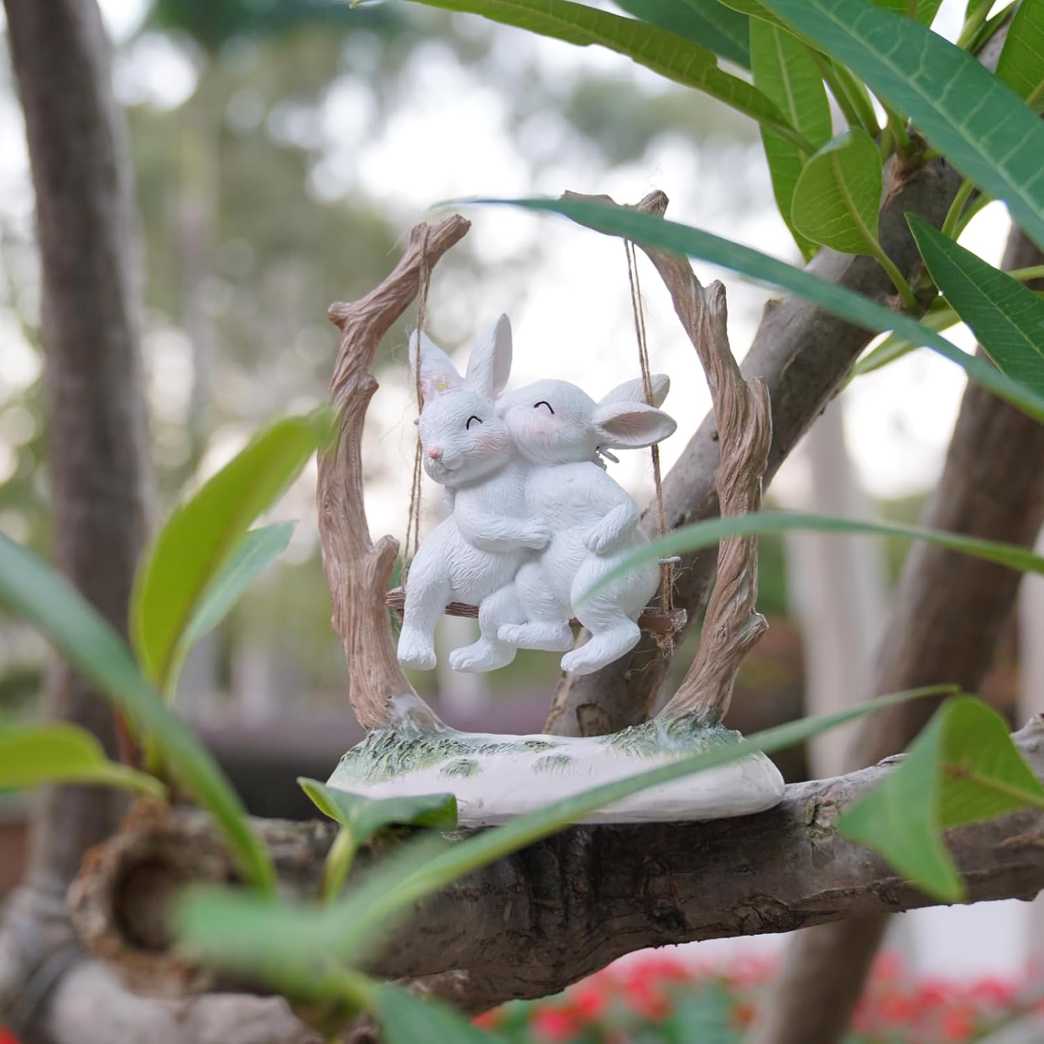 Easter Bunny Décor Outdoor Statues - Rabbit Décor Garden Decorations Easter Rabbit Figurine Décor Couple Bunny Figurines Home Resin Rabbit Play on a Swing on The Tree 5L*2.5W*6.5H - Image 6