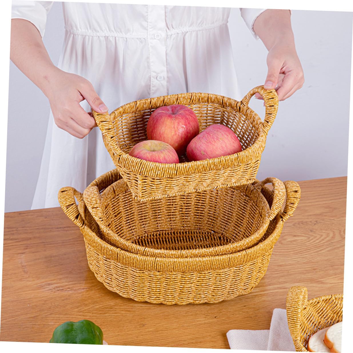 Oval Large Deep Bread Basket with Handles, Imitation Rattan Woven Snack and Fruit Tray, Plastic Food Serving Basket for Kitchen and Outdoor Picnic Storage