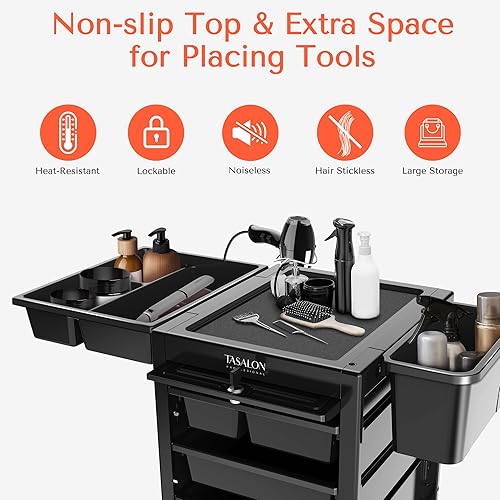 Miniatura 4 de TASALON Carrito de salón con cerradura de alta calidad con ruedas y 6 cajones y 2 cubos, carrito versátil para peluquería, tatuaje, peluquero