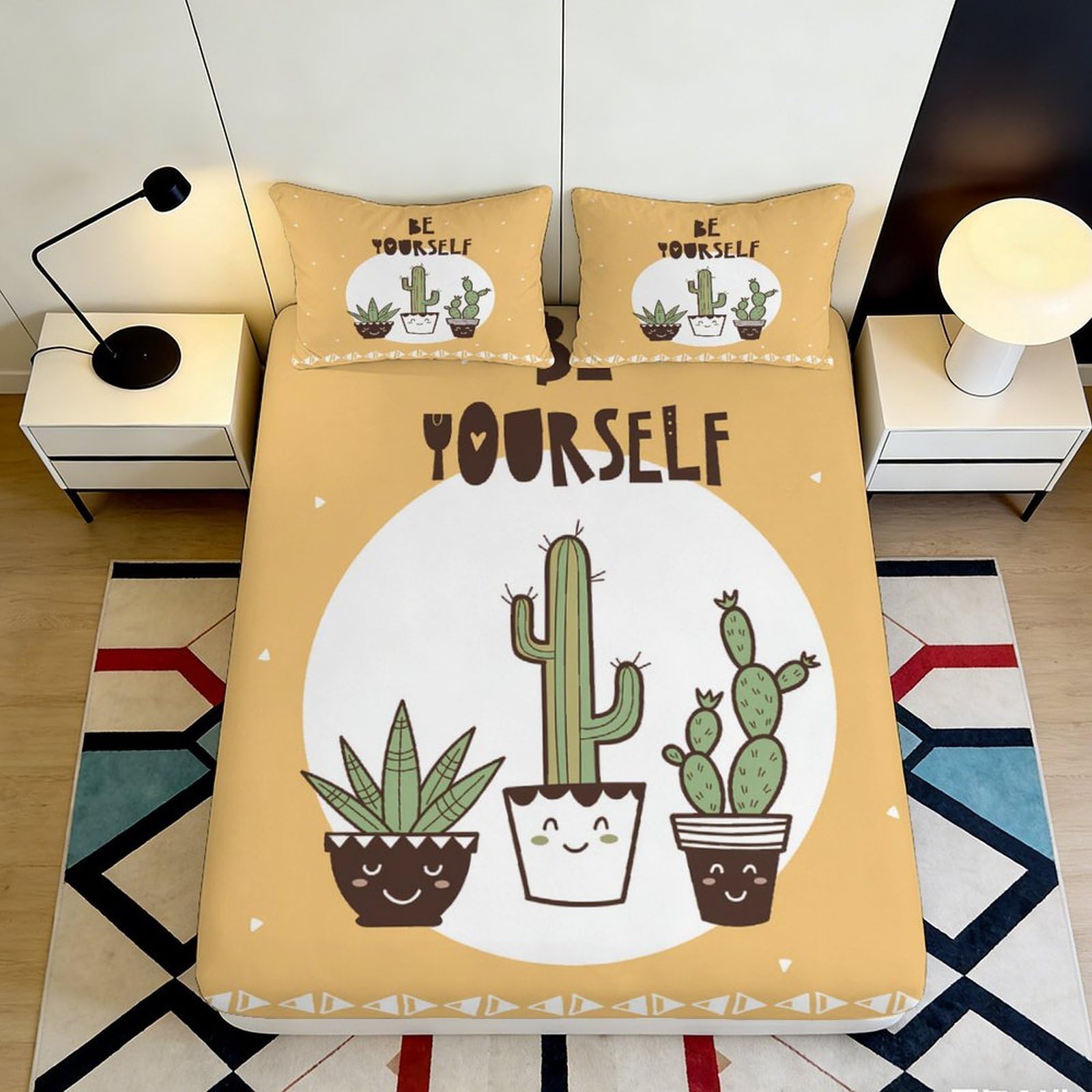 3D Printed Cactus Succulent Fitted Sheet Microfiber Anti-Slip Bed Cover for Bedroom Dorm Mattress Protection Yellow 90x200x25cm