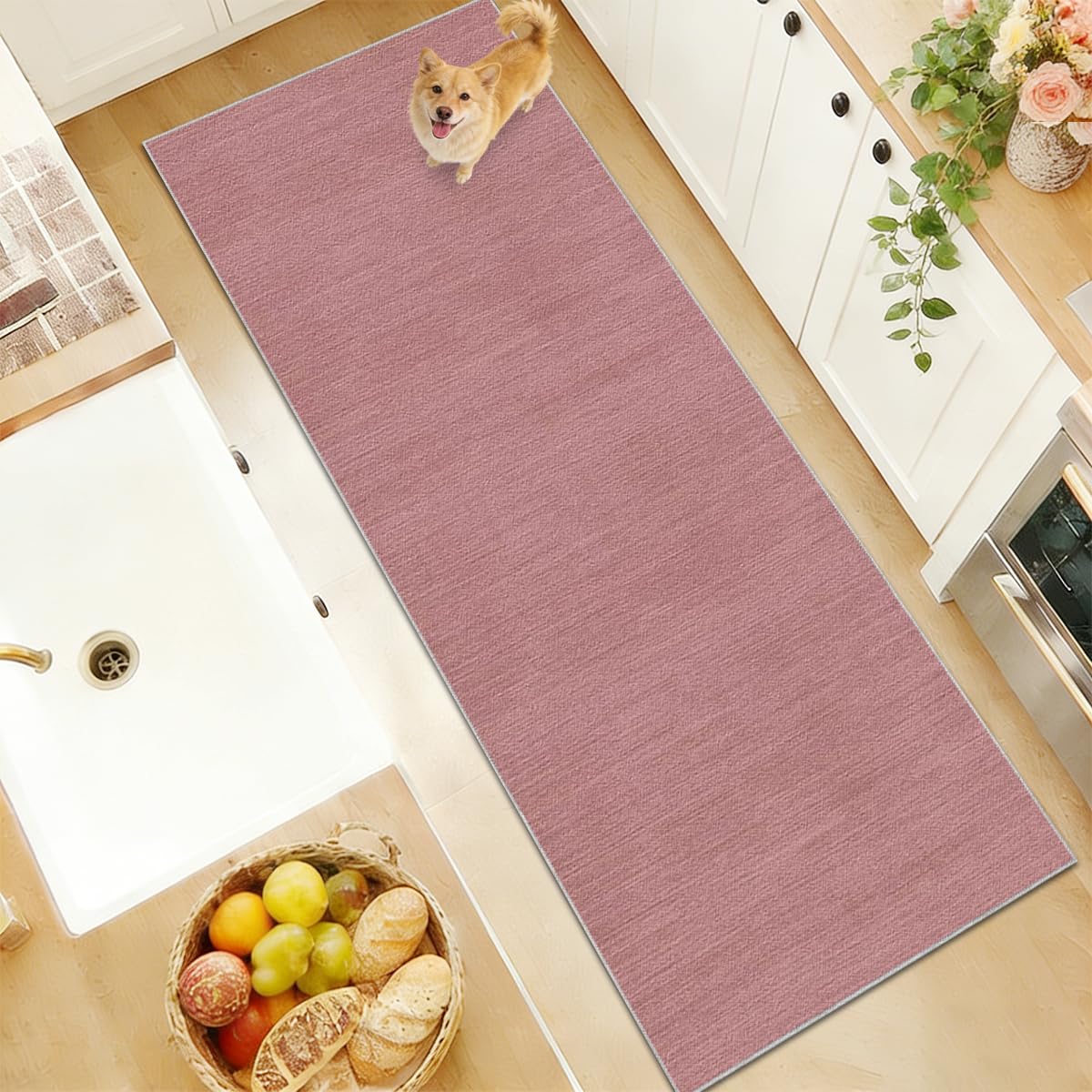 Teppich Läufer Teppichläufer Flur Läufer Teppich Rutschfester Waschbarer Teppich für Küche Läufer Schlafzimmer Bodenteppich für Flur Furteppich Läufer Lang Küchenteppich Rosenrosa 40 x 250cm