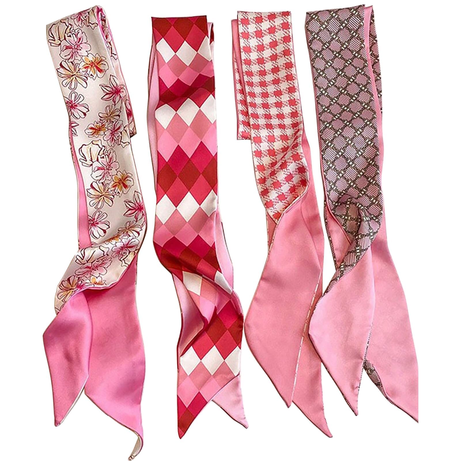 4-Piece Pink Head Band Scarf Set, 34-Inch Satin Silk-Like Hair Scarves for Women, Double-Sided Printed Neck and Purse Accessories-image-42