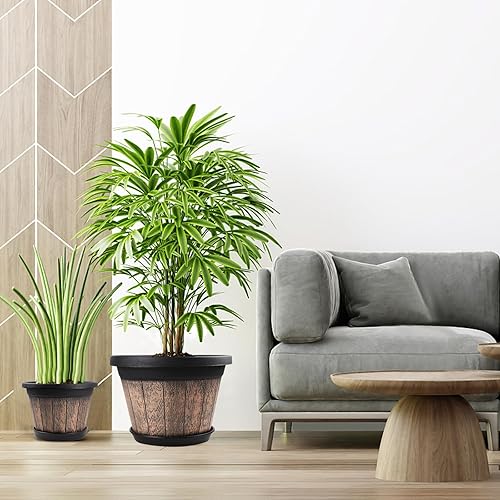 Miniatura 5 de Quarut Juego de 4 macetas grandes de plástico de 13 pulgadas, macetas de barril de whisky con agujeros de drenaje y platillo. Macetas de imitación