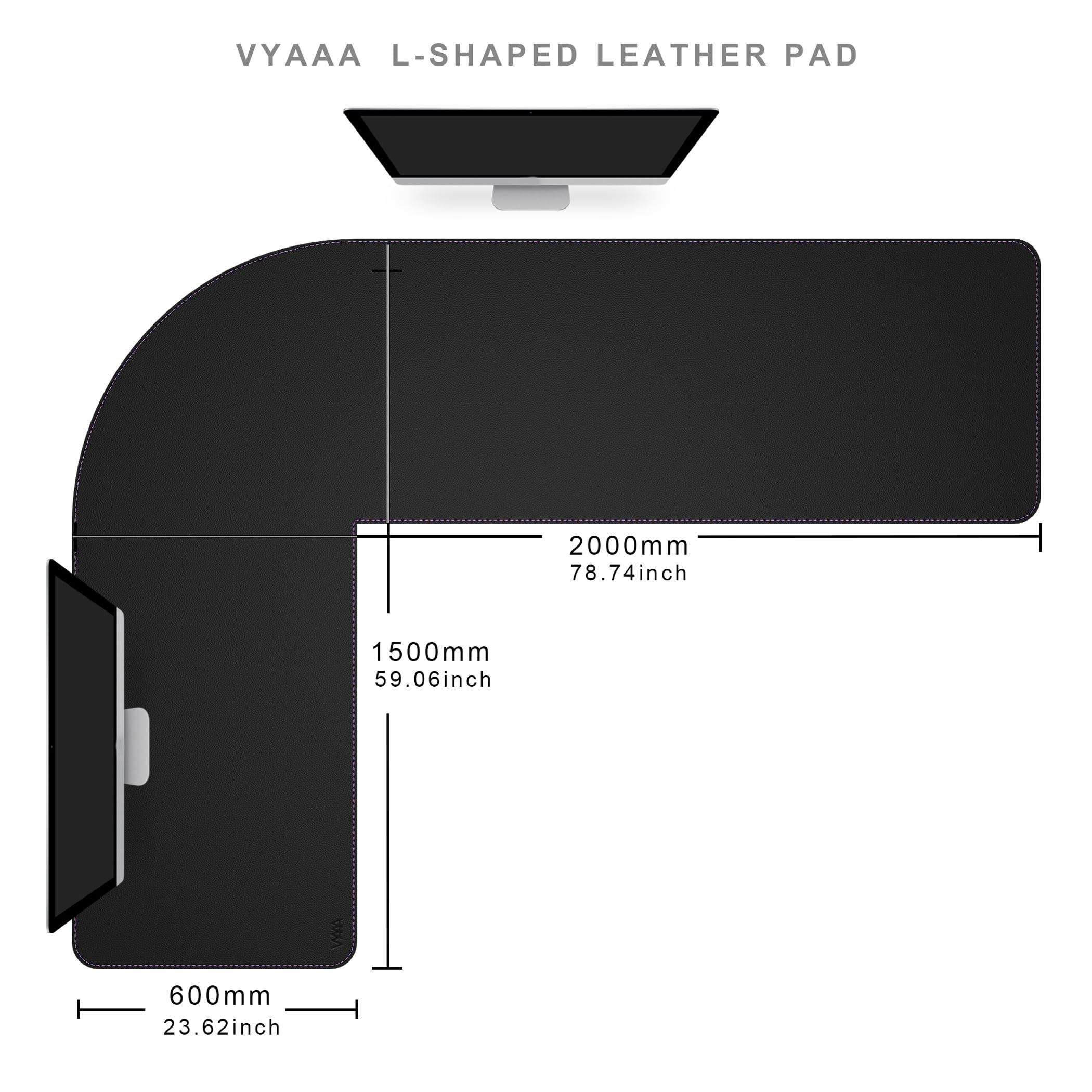 Vyaaa (150+200) x 60cm Tappetino da scrivania in pelle a forma di L (nero), tappetino da scrivania in pelle PU reversibile, tappetino per mouse extra large, adatto per uso domestico o in ufficio