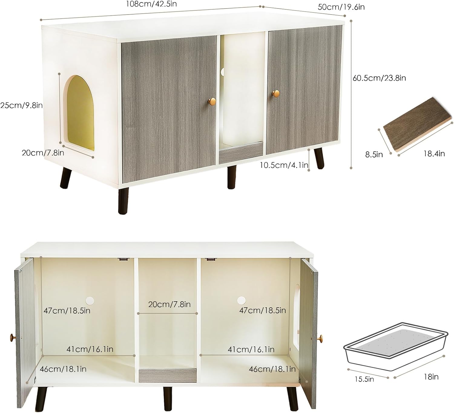 Cat Litter Box Enclosure for 2 Cats, Hideaway Litter Box Furniture with Scratching Pad, Enclosed Litter Box TV Stand Pet Washroom End Table Side Table, Grey