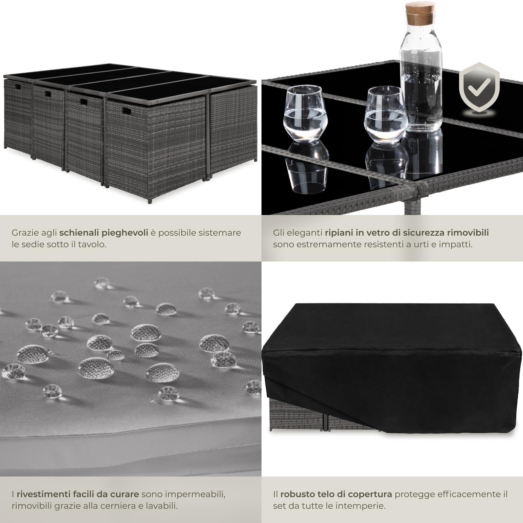 tectake Set Giardino Rattan 8 Sedie 4 Sgabelli Tavolo Vetro Temperato Acciaio Grigio