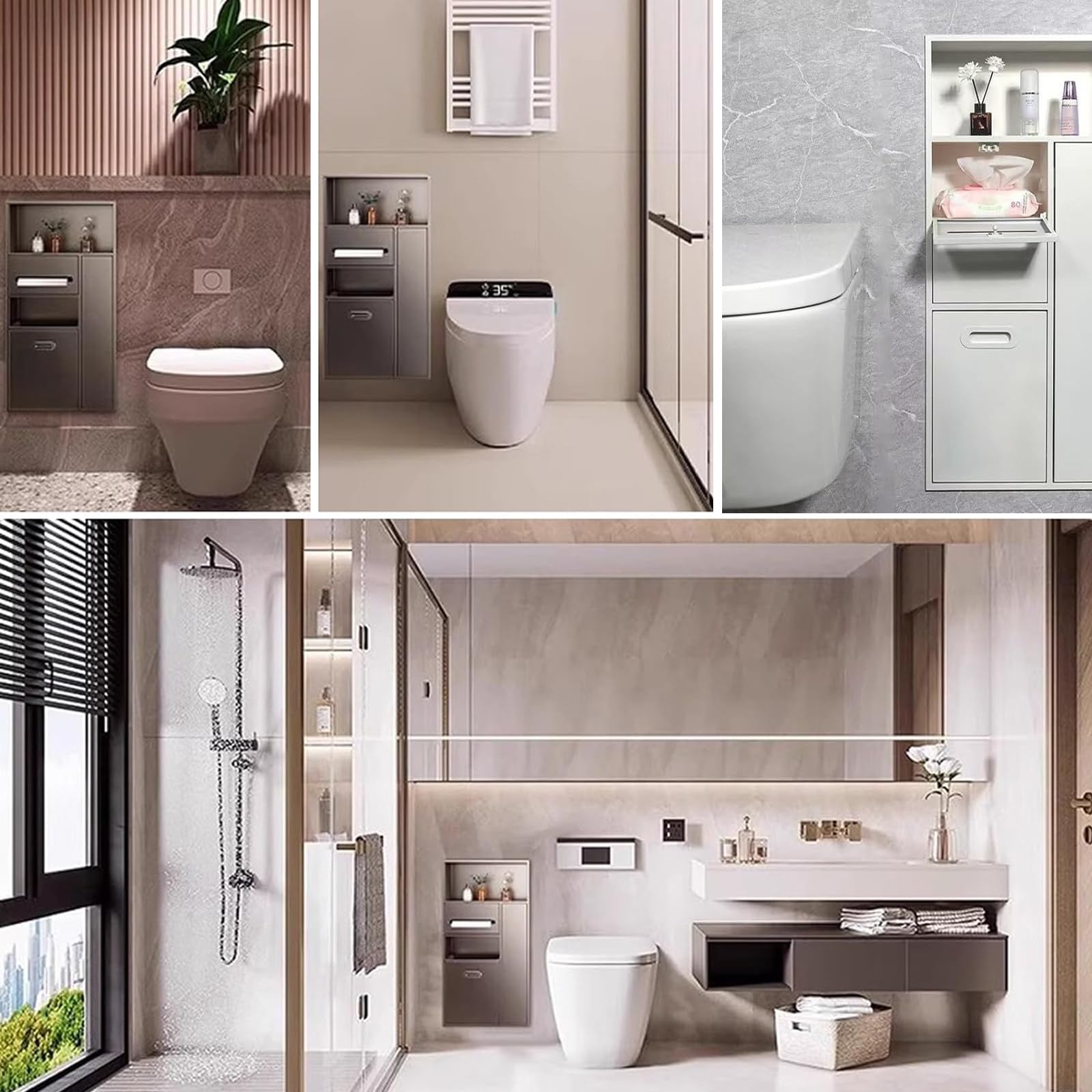 Dispensador de toallas de papel empotrado con cubo de basura y almacenamiento, dispensador de toallas de mano con gabinete de cepillo de inodoro para baño comercial de hotel, acero inoxidable