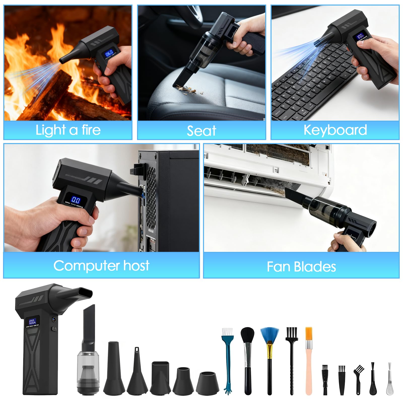 Aspirador eléctrico 2 en 1, 150.000 rpm, 4 velocidades, ajustable, aire comprimido, con pantalla digital, para ordenador, teclado, casa, exterior, coche, kit de limpieza