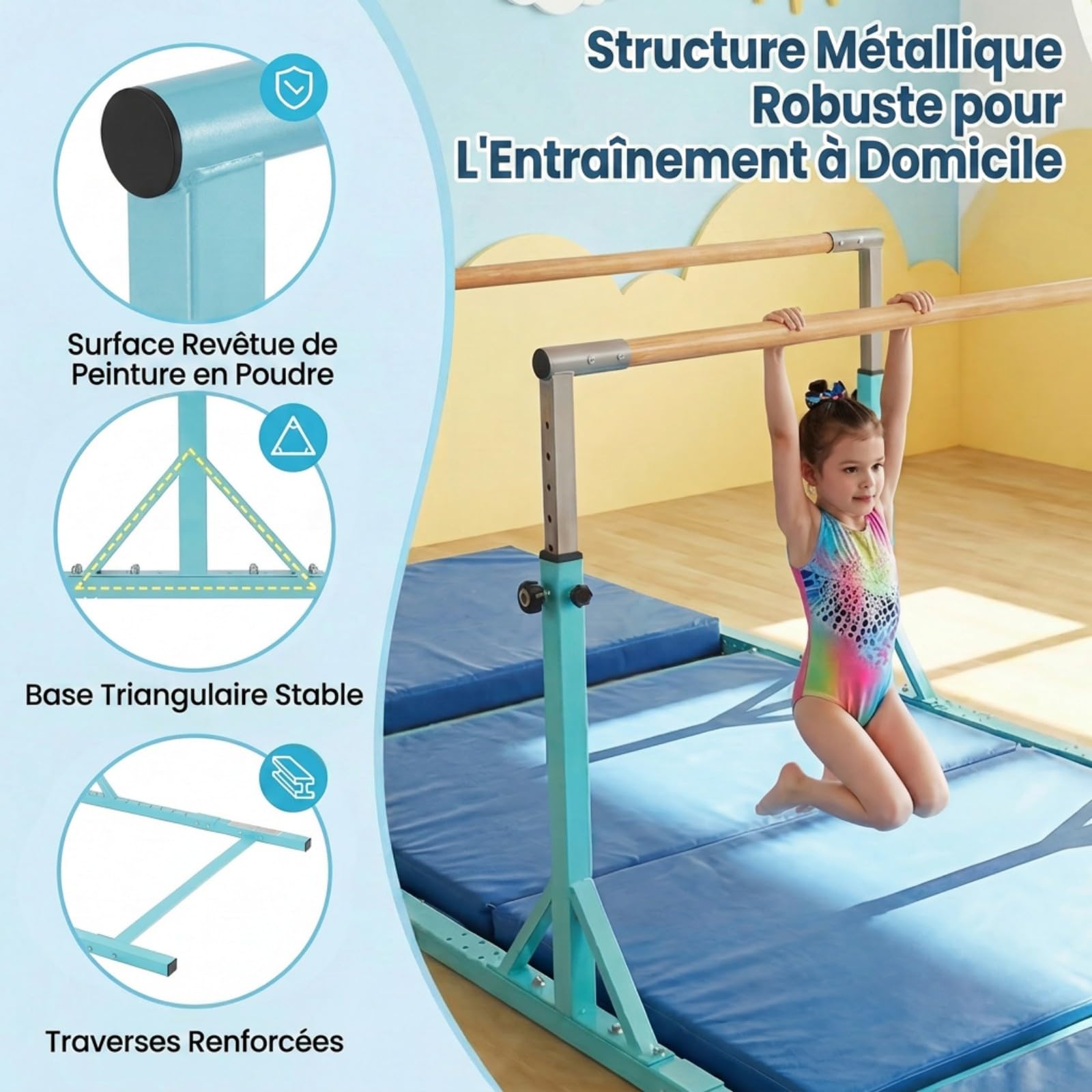 GYMAX Barres Parallèles de Gymnastique pour Enfants, Double Barre Réglable en Hauteur 85-145 cm sur 13 Niveaux, Équipement d'Entraînement à Domicile avec Support Métallique Triangulaire
