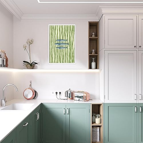 Miniatura 5 de Divertidos pósteres de lienzo de sardinas con diseño de peces a rayas verdes, arte de pared retro y moderno, impresiones estéticas de alimentos para
