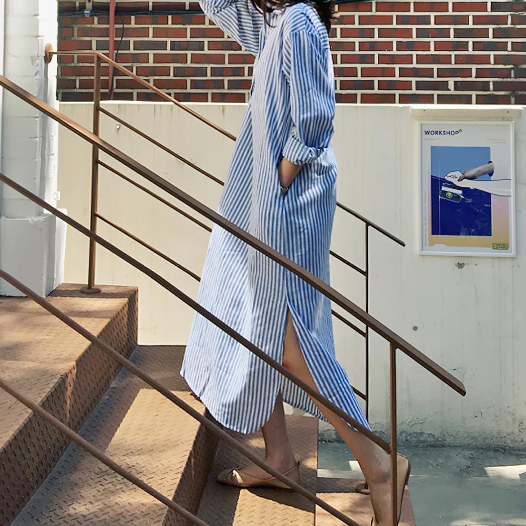 chouyatou Women Casual Long Sleeve V Neck Striped Shift Dress Loose Long Maxi Cotton Shirt Dress with Pocket - Image 6