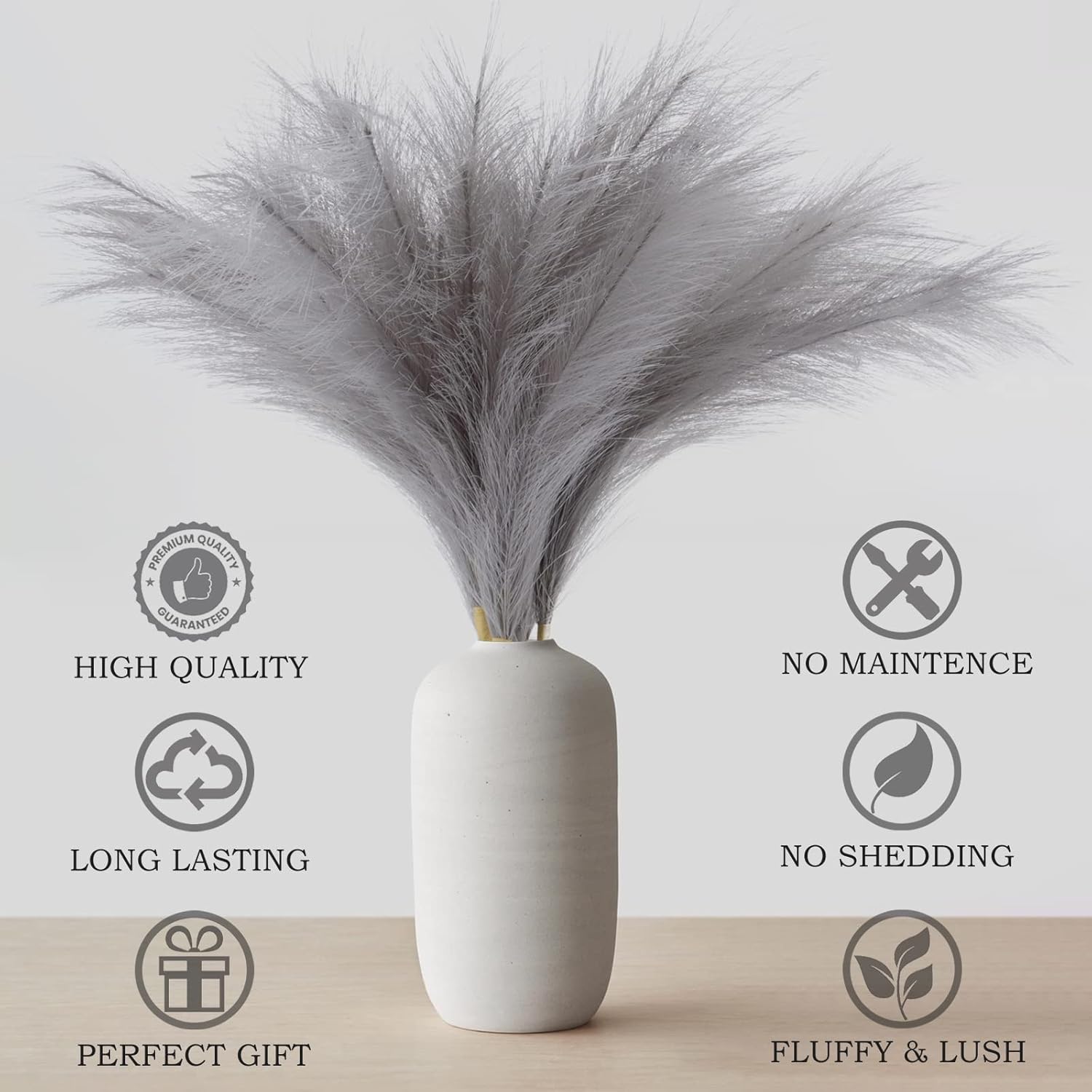 Pusuny Faux Pampas Grass,7 PCS 24 inch Gray Pampas Grass Decor, 7 Branches | Each Stem Fluffy Small Pompous Grass for Vase Filler in Table Vase Decor for House, Office, Boho Wedding Flower (Gray)