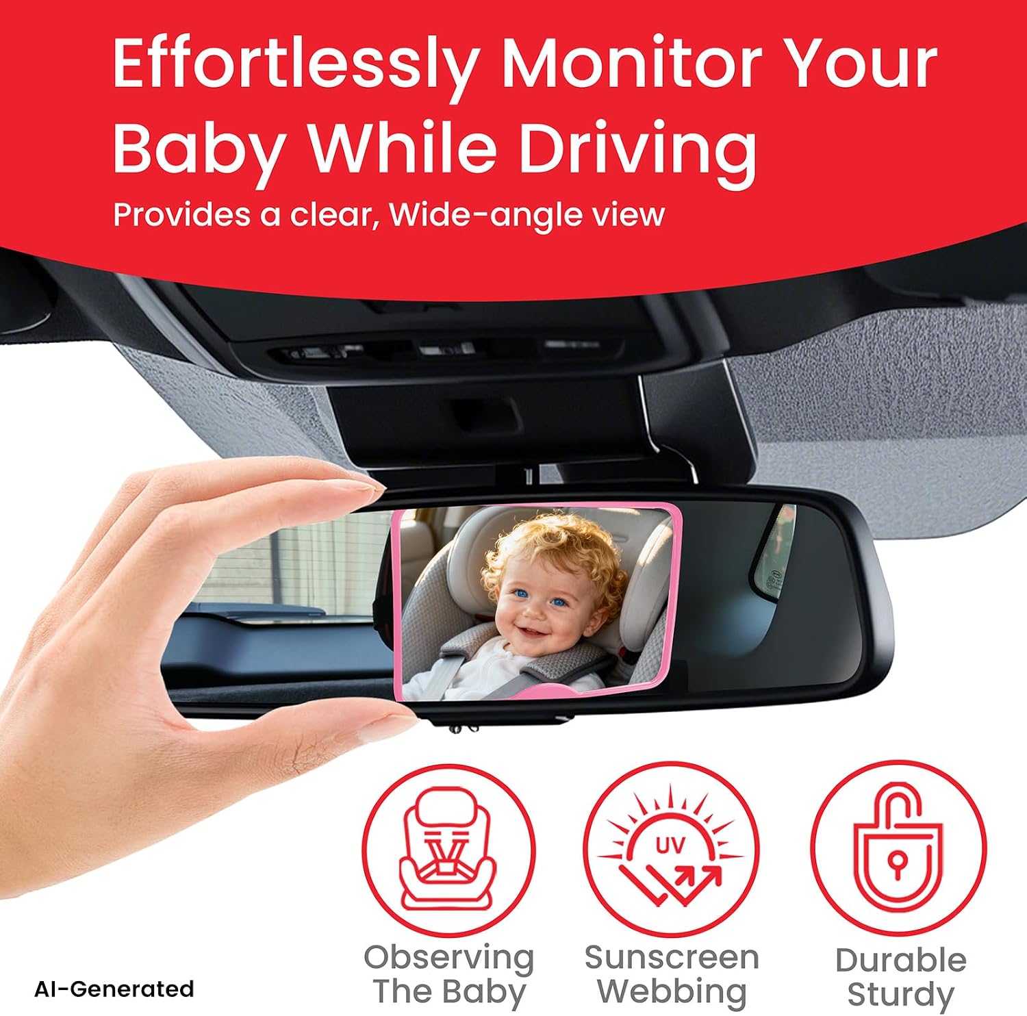 Baby Car Mirror, Safety Car Seat Mirror for Rear Facing Infant, Clear Wide View, Easily Observe the Baby Move, Secure, Shatterproof, Easy Install, Perfect (Pink)