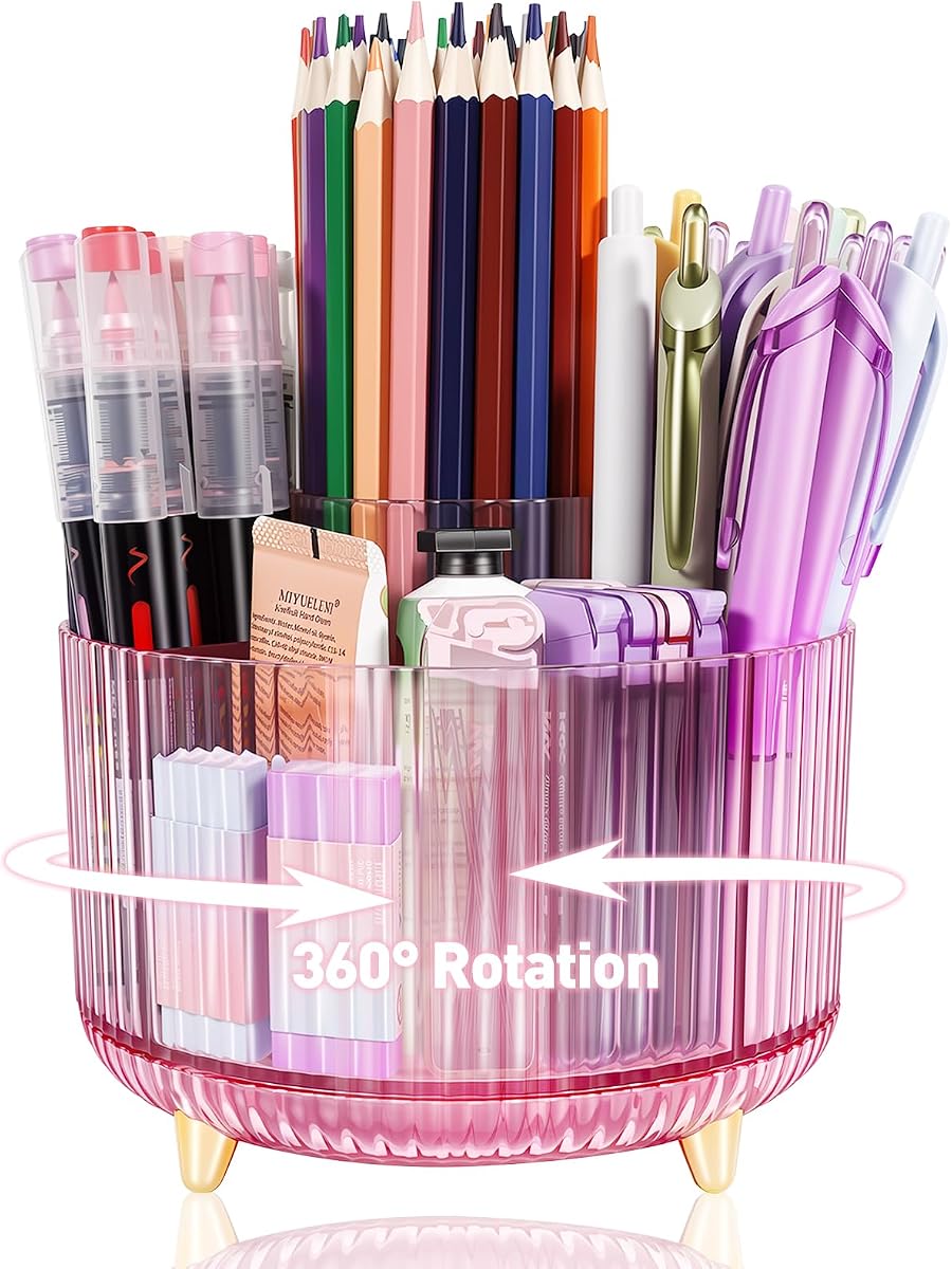 Portalápices giratorio 360 para escritorio, organizador de bolígrafos con 5 ranuras | Soporte para brochas de maquillaje, organizador de escritorio y accesorios, bonito carrito para lápices para oficina, escuela, decoración del hogar, suministros de arte (rosa)
