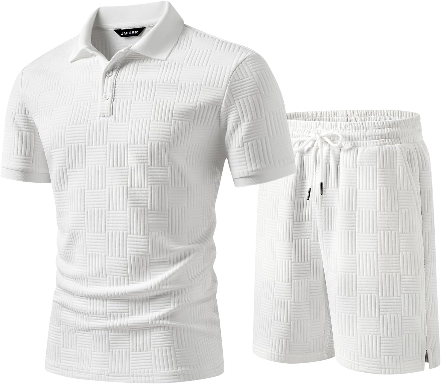 JMIERR Mens Sweatsuits Sets Summer Tracksuits 2 Piece Outfits Textured Short Sleeve Golf Polo Drawstring Short